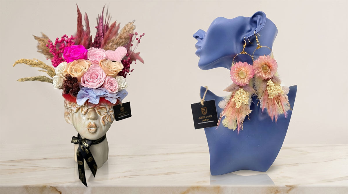 Floral Design mit handgefertigtem Blumenarrangement und Trockenblumen Ohrringen – exklusive florale Designs bei JustFlower entdecken