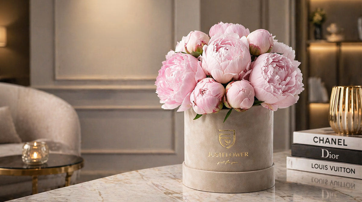 Flowerbox Rund mit frischen Pfingstrosen in eleganter beiger Samtbox – stilvolle Blumenbox von JustFlower Schweiz