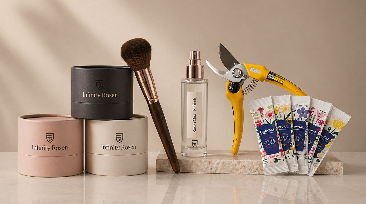 Pflege Zubehör für Rosenbox und frische Blumen – Bürste, Rosenschere und Blumennahrung von JustFlower