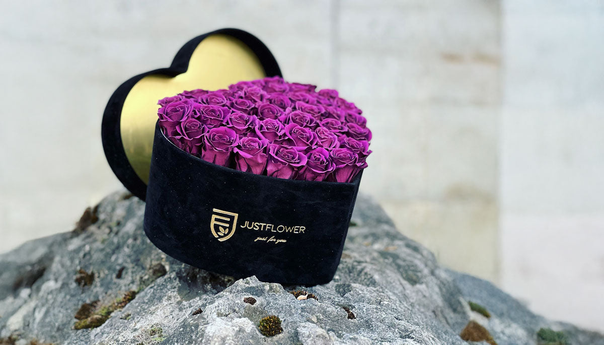 Elegante Rosenbox in Herzform aus edlem Samt, platziert auf einem natürlichen Felsen im Freien. Die Rosenbox ist mit schönen, lila Infinity Rosen gefüllt, die einen romantischen und stilvollen Akzent setzen.
