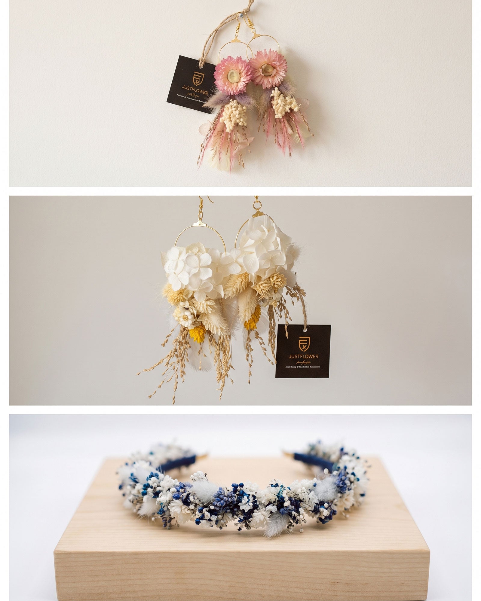 Floraler Schmuck und Accessoires mit Trockenblumen – handgefertigte Designs von JustFlower für elegante und moderne Looks