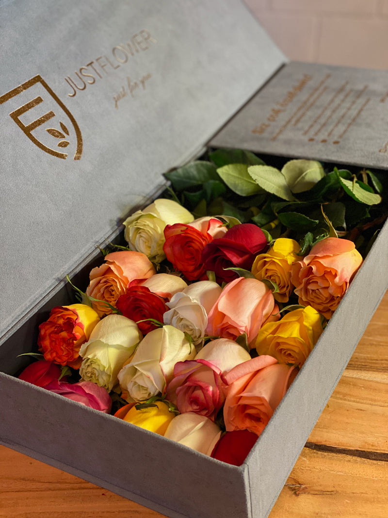 Farbenfrohe Rosenmischung in einer eleganten grauen Flowerbox von JustFlower.ch – Frische Rosen in verschiedenen Farben, perfekt für jeden Anlass.