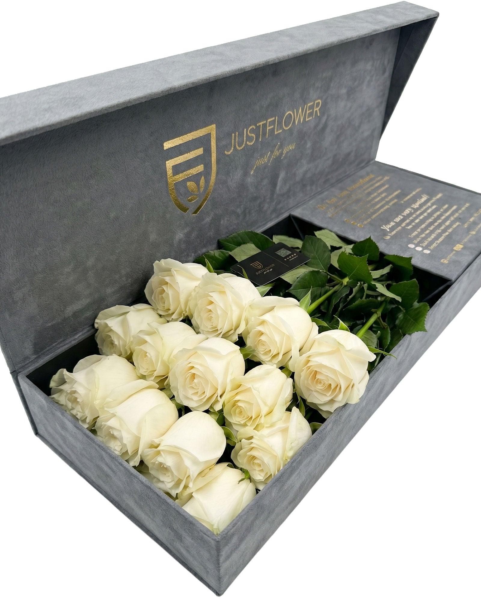 Flowerbox in Grau mit frischen weissen Rosen in eleganter Geschenkbox – JustFlower Schweiz
