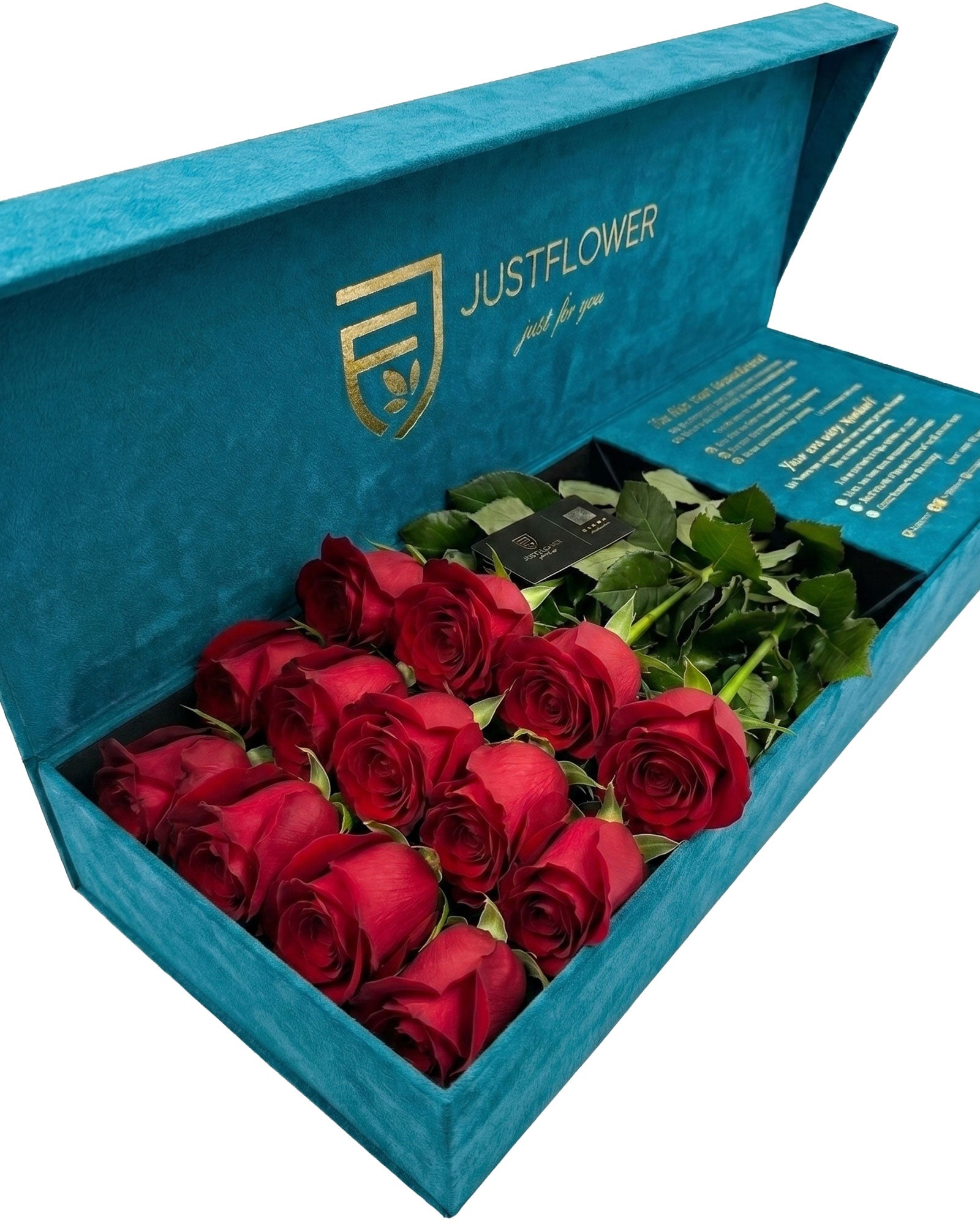 Flowerbox in Petrolgrün mit frischen roten Rosen in luxuriöser Geschenkbox – JustFlower Schweiz