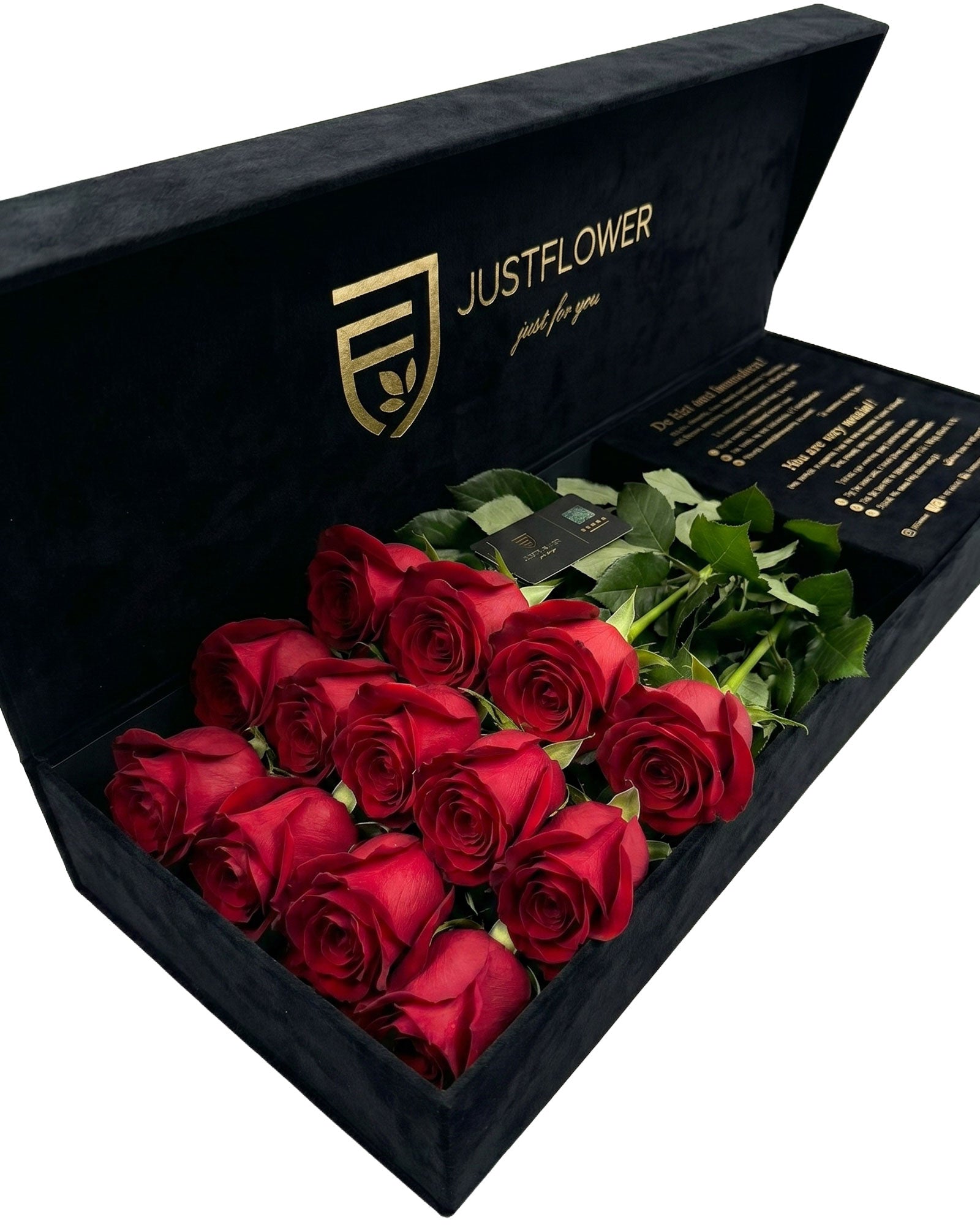 Flowerbox in Schwarz mit frischen roten Rosen in luxuriöser Rosenbox – JustFlower Schweiz