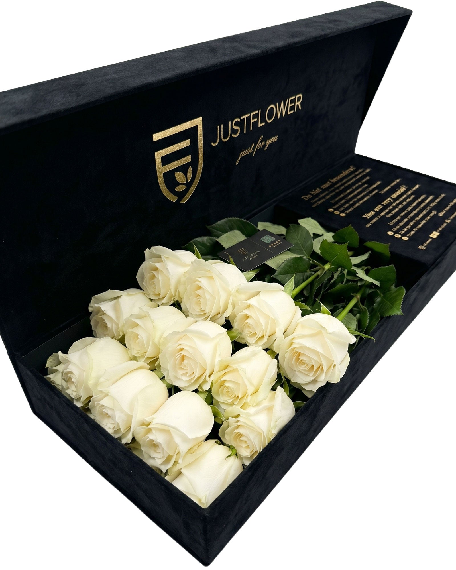 Flowerbox in Schwarz mit frischen weissen Rosen in luxuriöser Blumenbox – JustFlower Schweiz