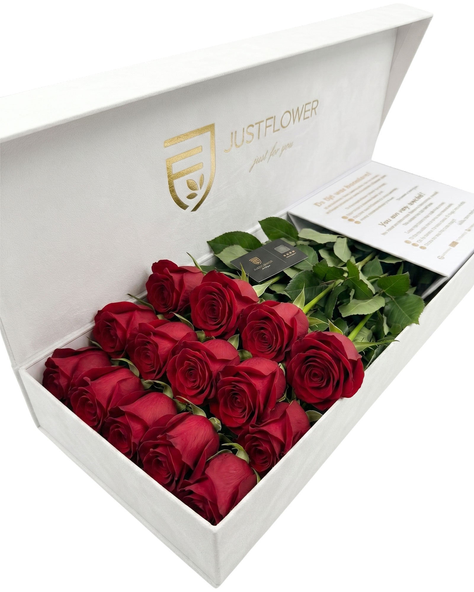 Flowerbox in Weiss mit frischen roten Rosen in luxuriöser Blumenbox – JustFlower Schweiz