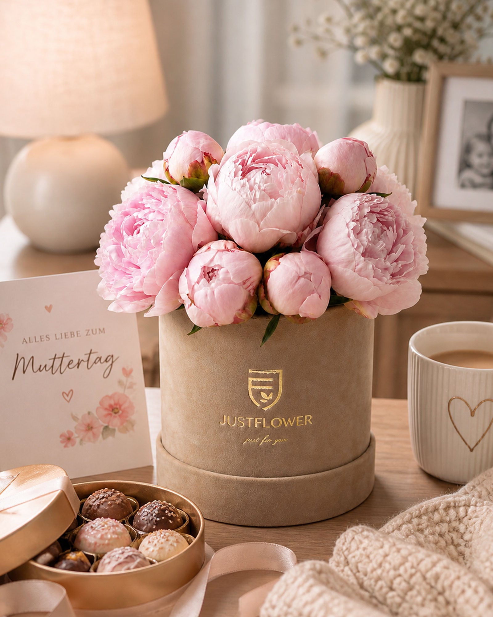 Pfingstrosen Flowerbox als Muttertagsgeschenk in stilvoller Lifestyle-Szene – elegante Blumenbox von JustFlower