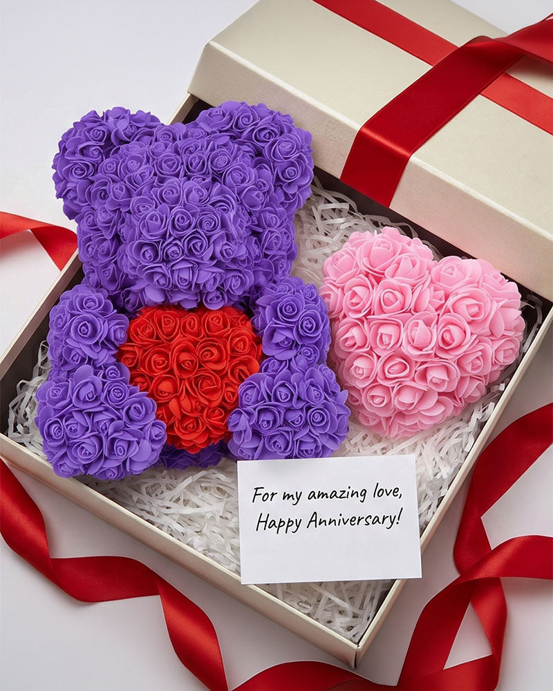 Rosenbär und Herz Geschenkset in Box – romantische Geschenkidee zum Jahrestag