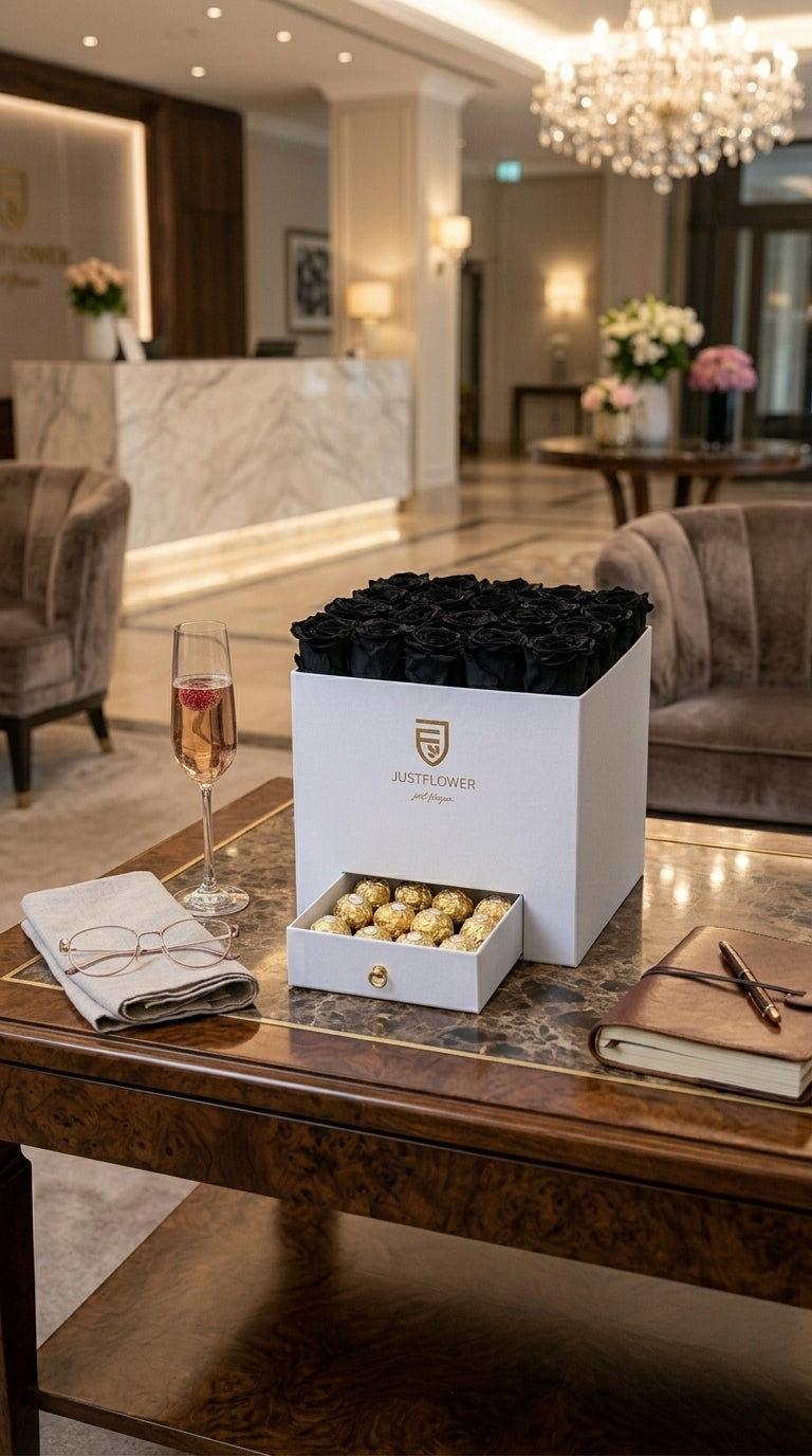 Rosenbox Eckig in Weiss mit schwarzen Infinity Rosen und Pralinen-Schublade – exklusive Rosenbox bei JustFlower.ch ansehen