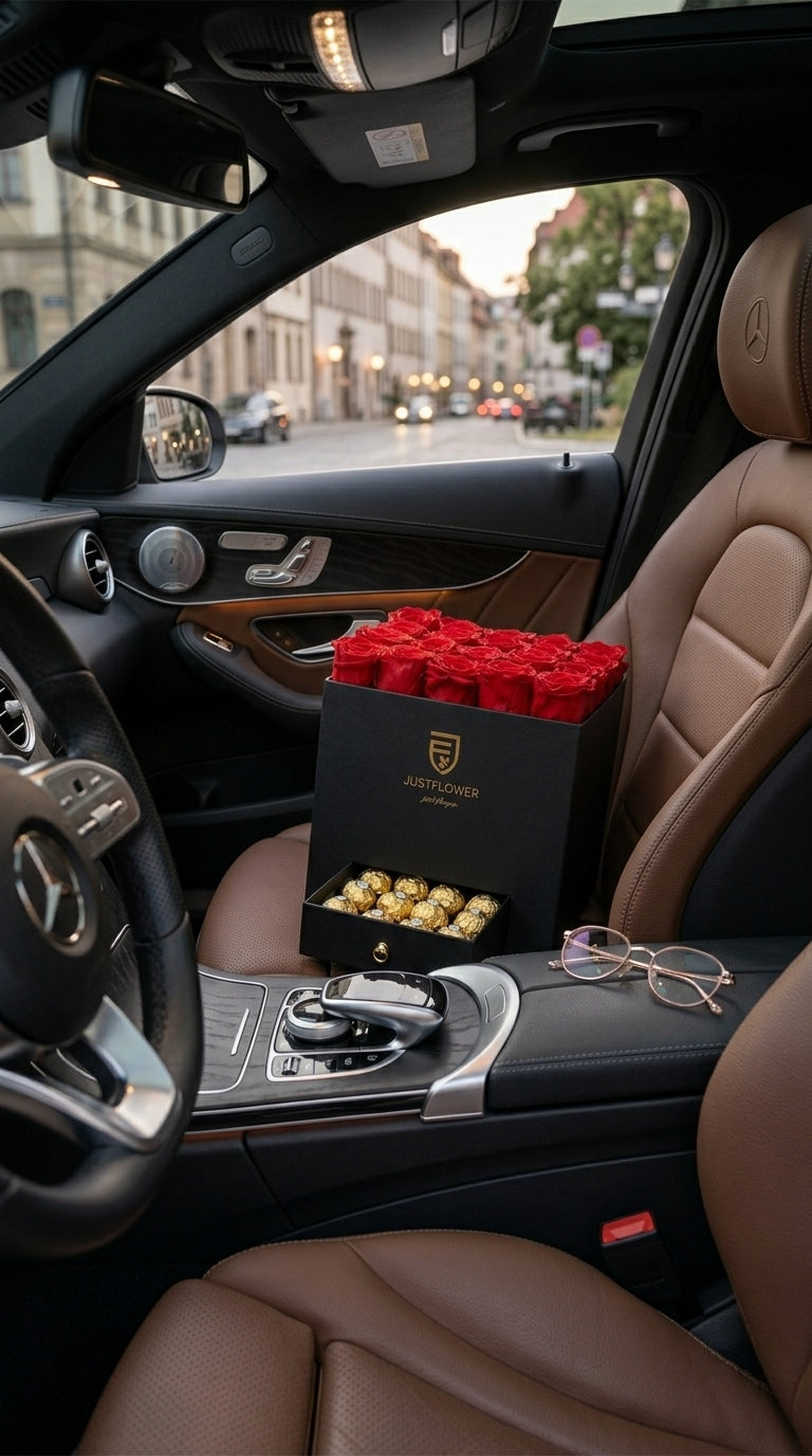 Rosenbox mit roten Infinity Rosen in luxuriöser Geschenkbox auf dem Autositz – elegante Blumenbox als Geschenk und Lieferung in der Schweiz
