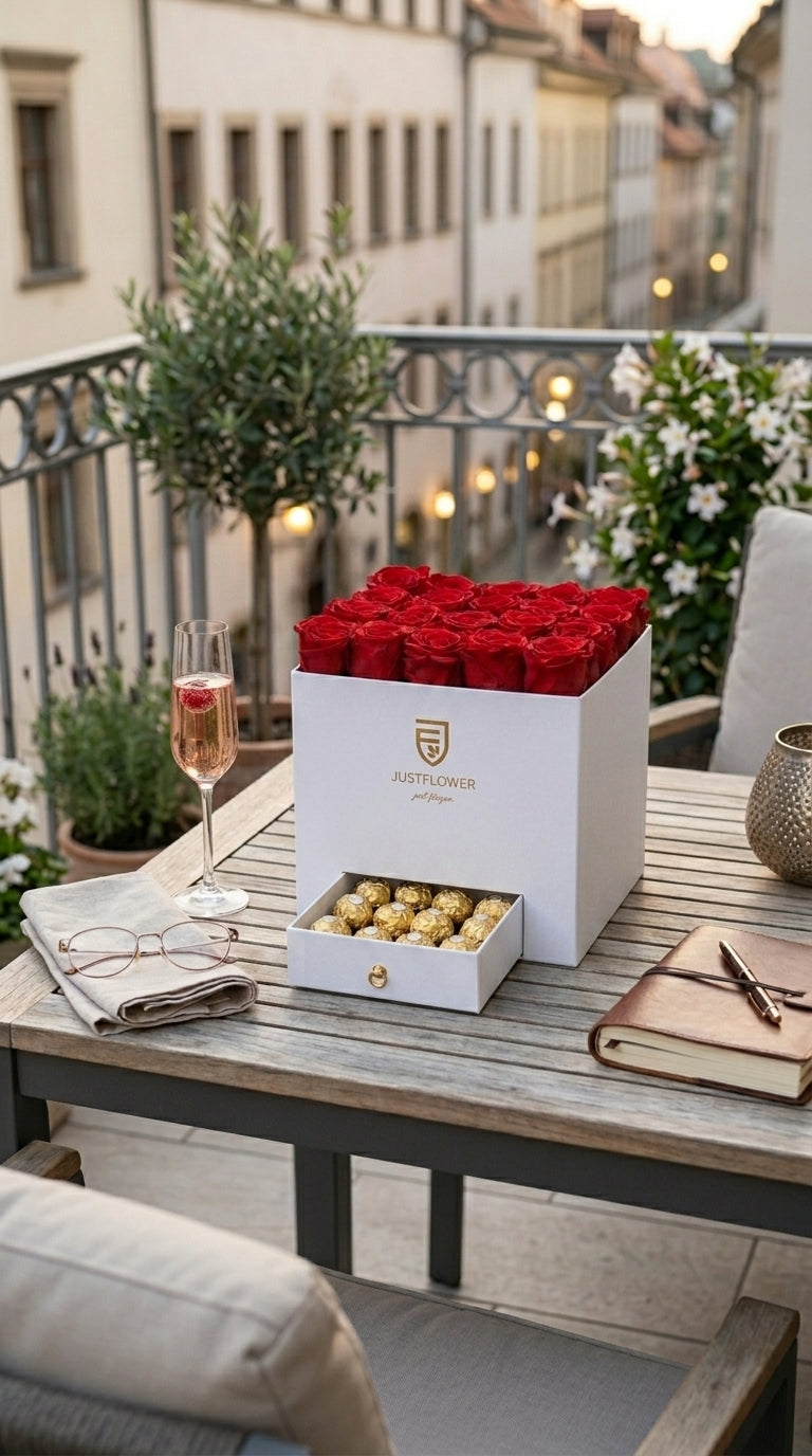 Rosenbox Eckig in Weiss mit roten Infinity Rosen auf dem Balkon – luxuriöse Rosenbox online in der Schweiz bestellen