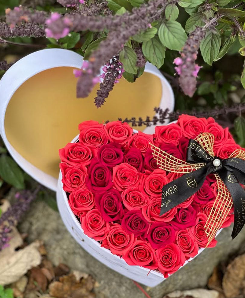 Rosenbox Herz mit roten Infinity Rosen und dekorativer Schleife – romantisches Geschenk