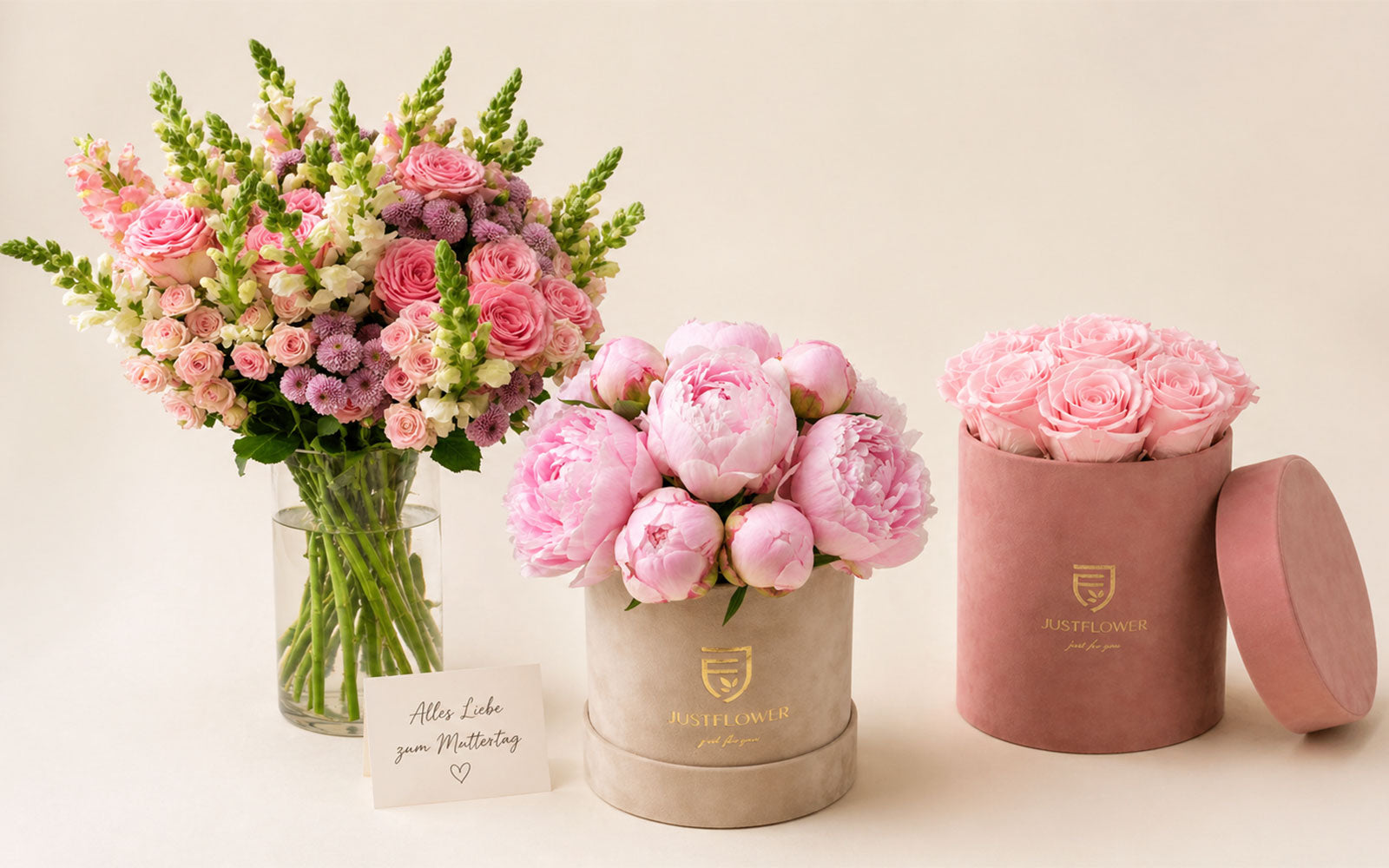 Muttertag Blumen Geschenk mit Bouquet, Pfingstrosen Flowerbox und Rosenbox – exklusive Auswahl von JustFlower Schweiz