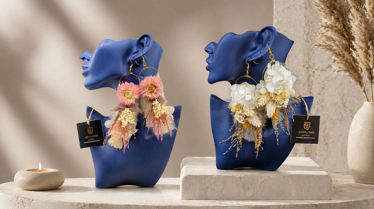 Florale Ohrringe mit Trockenblumen – handgefertigter Schmuck im modernen Floral Design bei JustFlower