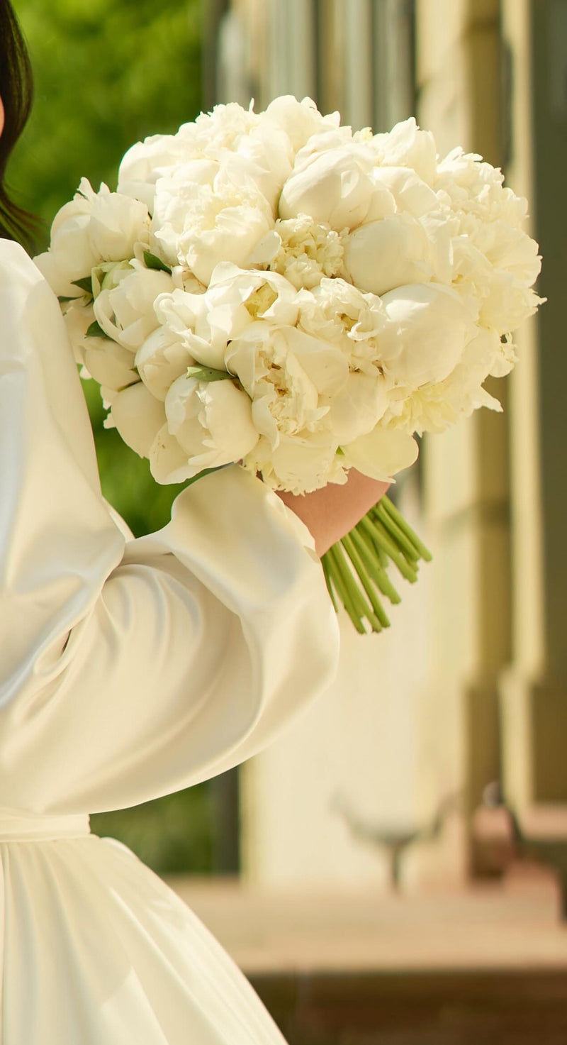 Elegante Brautstrauss aus weissen Pfingstrosen, perfekt für Hochzeiten, gehalten von der Braut im Brautkleid – Ideal für Ihren besonderen Tag.