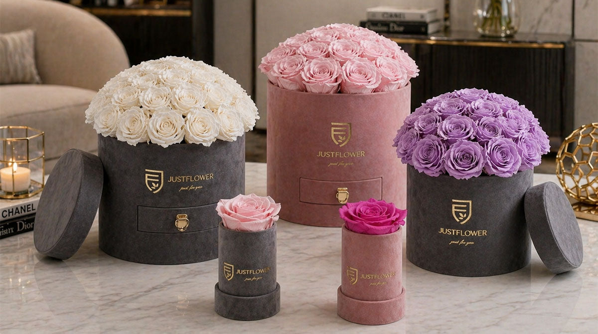 Rosenbox Rund Kollektion mit Infinity Rosen in verschiedenen Grössen und Farben – elegante Blumenboxen von JustFlower