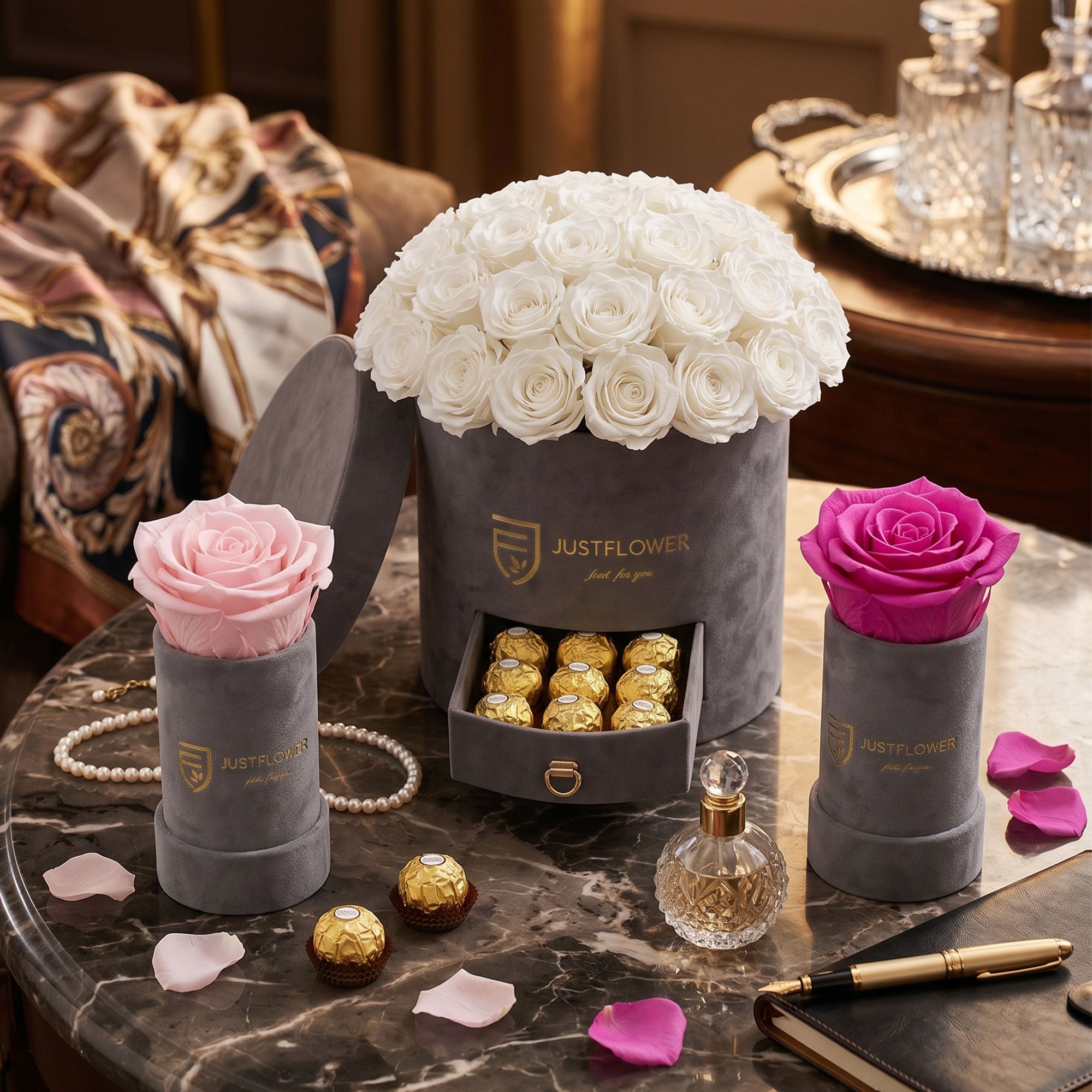 Luxus Rosenbox Rund mit weissen Infinity Rosen und Schublade mit Pralinen – elegante Geschenkbox auf Marmortisch