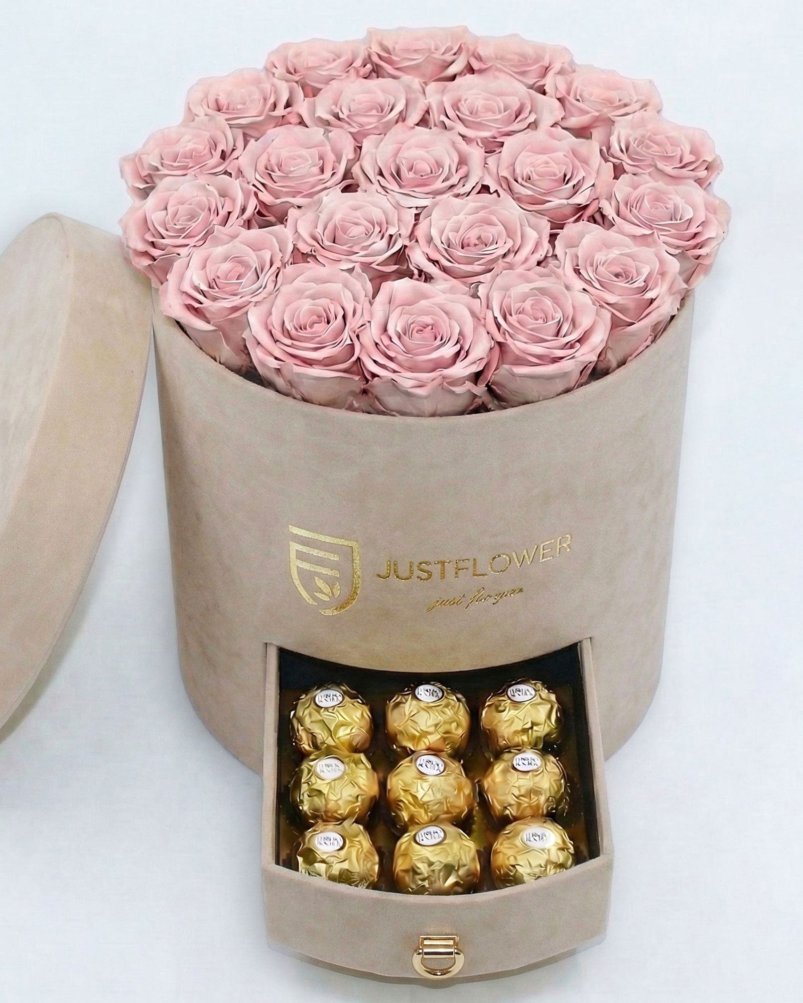 Rosenbox Rund Large Beige Velvet mit altrosa Infinity Rosen und Schublade – moderne und elegante Rosenbox