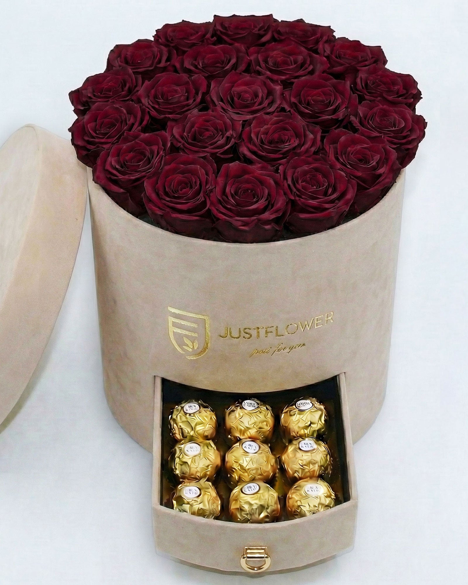 Rosenbox Rund Large Beige Velvet mit burgundfarbenen Infinity Rosen und Schublade – luxuriöse Rosenbox für besondere Anlässe