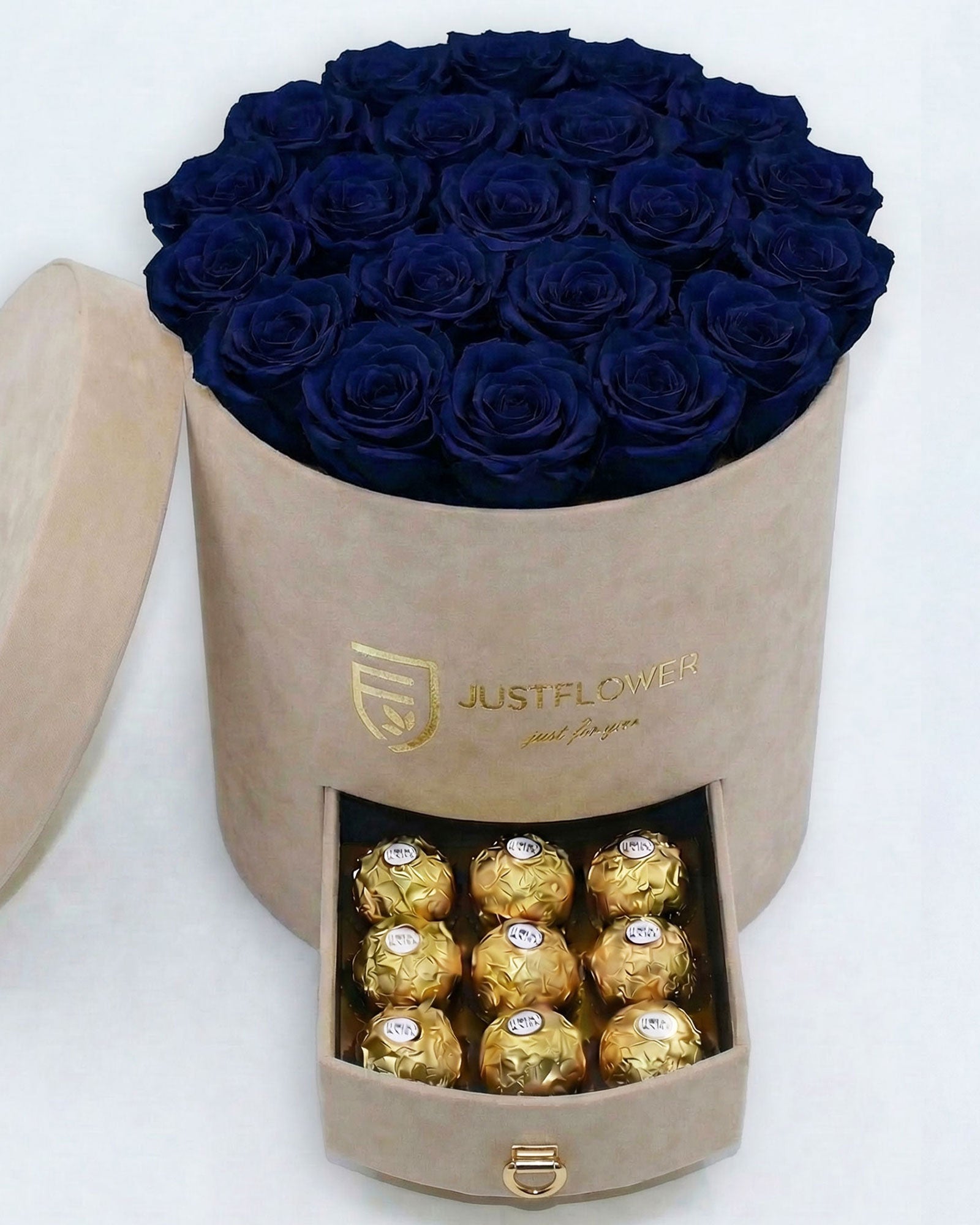 Rosenbox Rund Large Beige Velvet mit dunkelblauen Infinity Rosen und integrierter Schublade – edles und kontrastreiches Design
