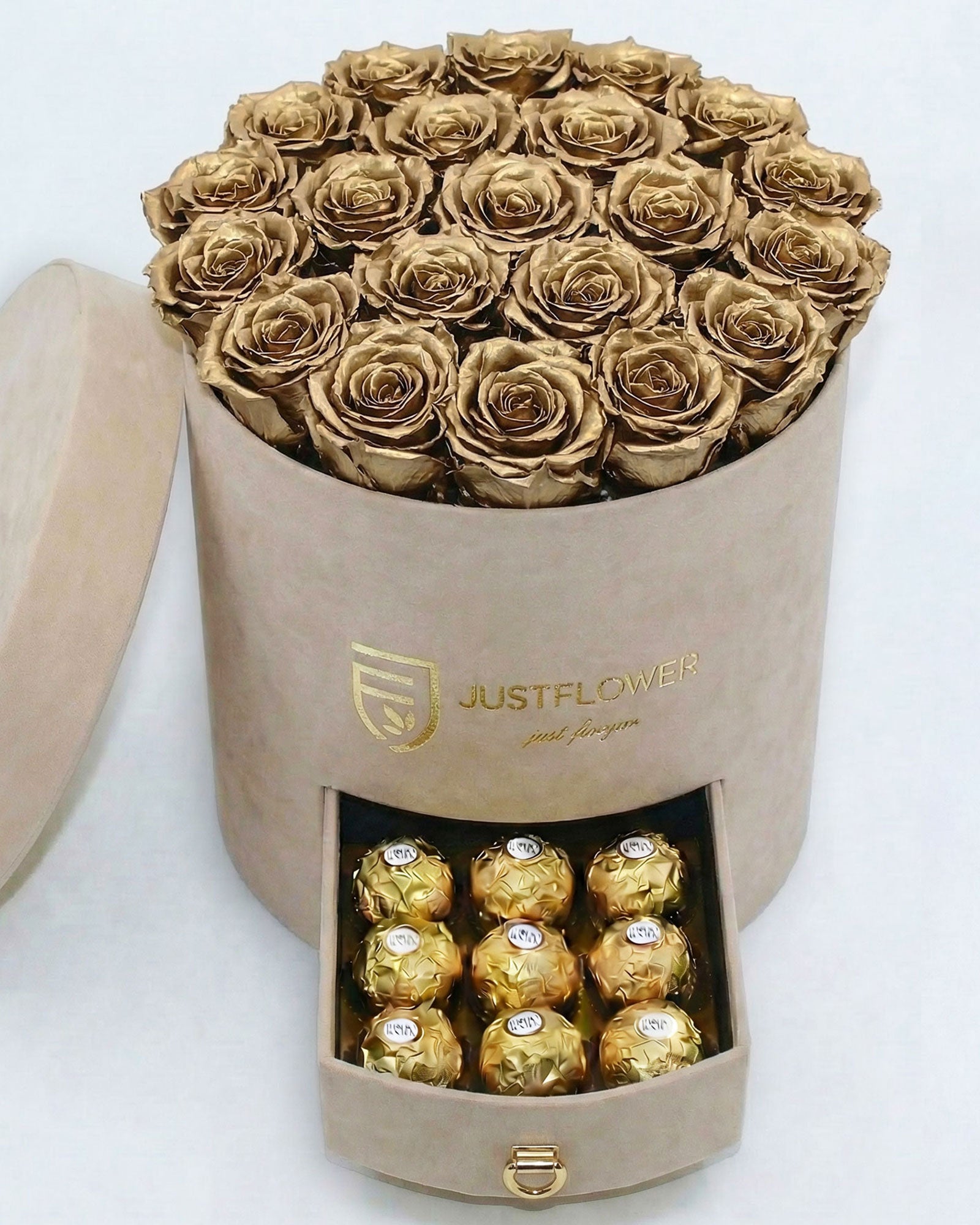 Rosenbox Rund Large Beige Velvet mit goldenen Infinity Rosen und Schublade – luxuriöse Rosenbox mit Premium-Optik