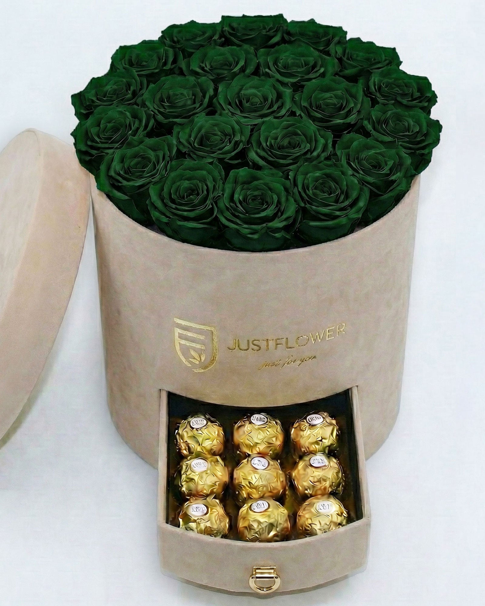 Rosenbox Rund Large Beige Velvet mit grünen Infinity Rosen und Schublade – aussergewöhnliche und moderne Rosenbox