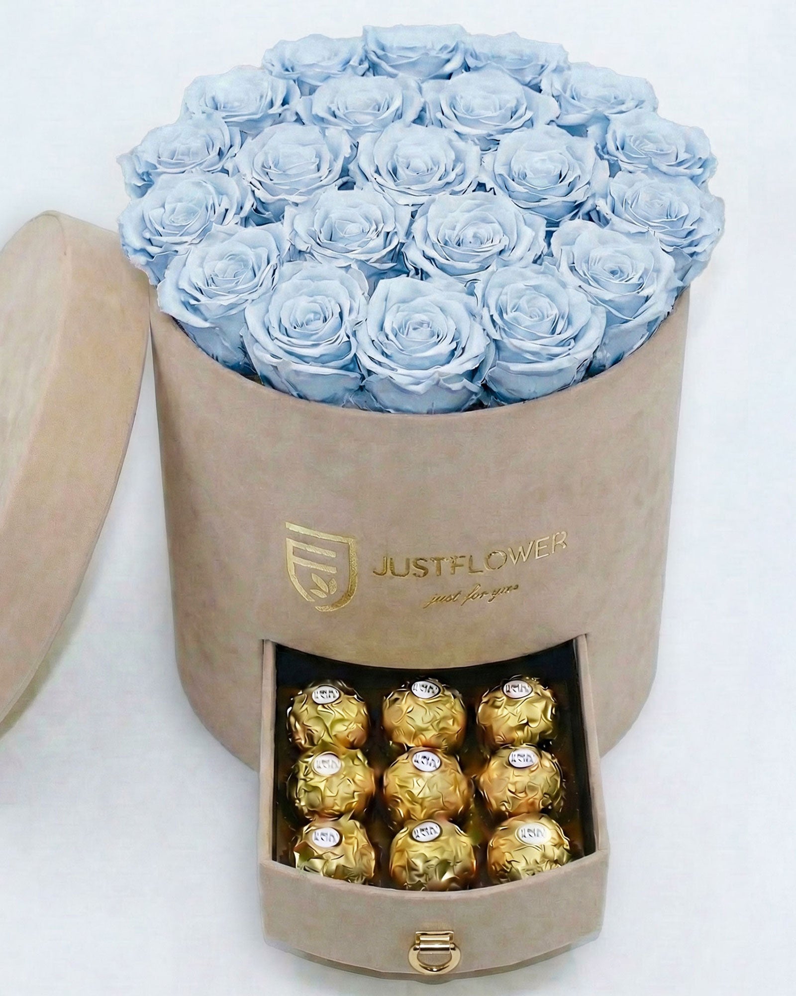 Rosenbox Rund Large Beige Velvet mit hellblauen Infinity Rosen und Schublade – kreative und elegante Blumenbox