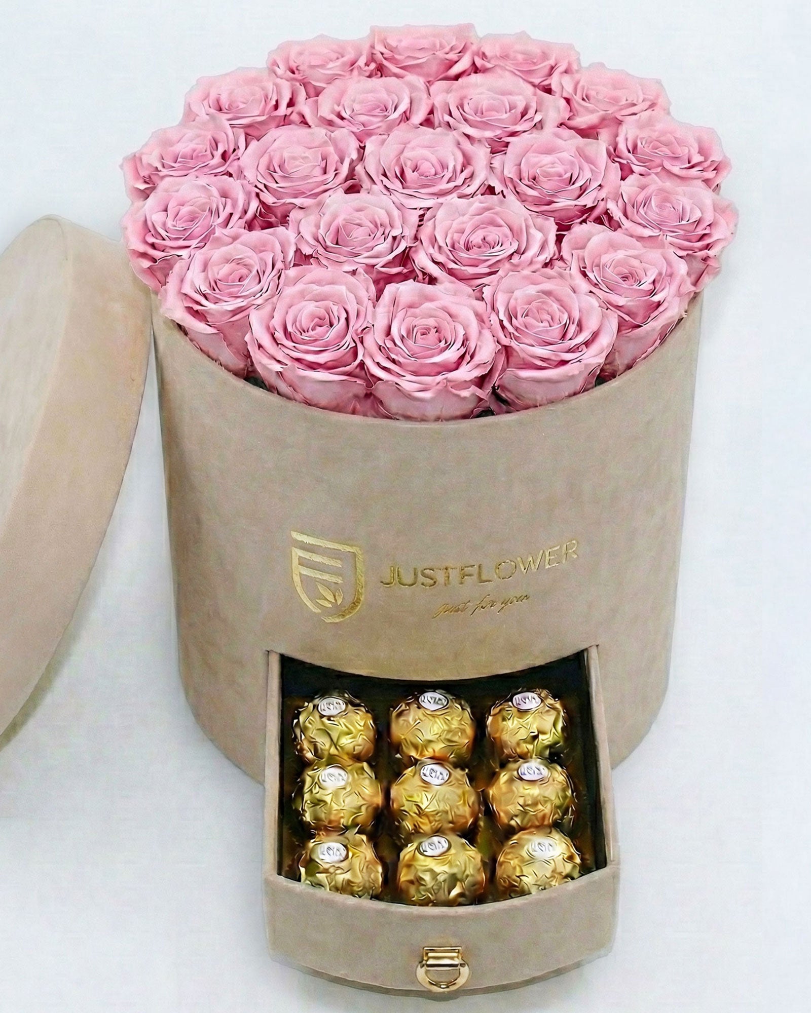 Rosenbox Rund Large Beige Velvet mit hellrosa Infinity Rosen und integrierter Schublade – harmonische und stilvolle Blumenbox