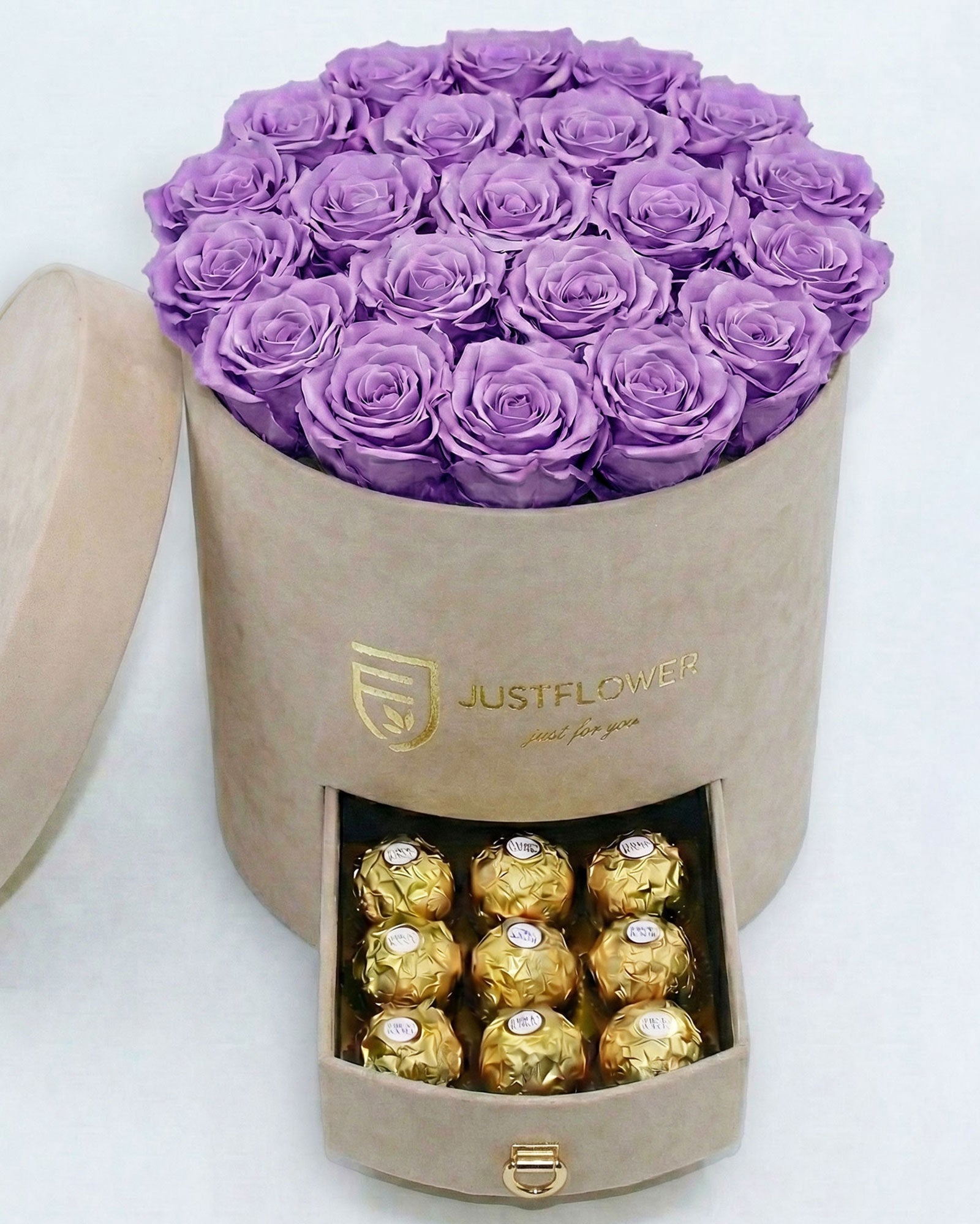 Rosenbox Rund Large Beige Velvet mit lila Infinity Rosen und integrierter Schublade – auffällige und stilvolle Geschenkidee