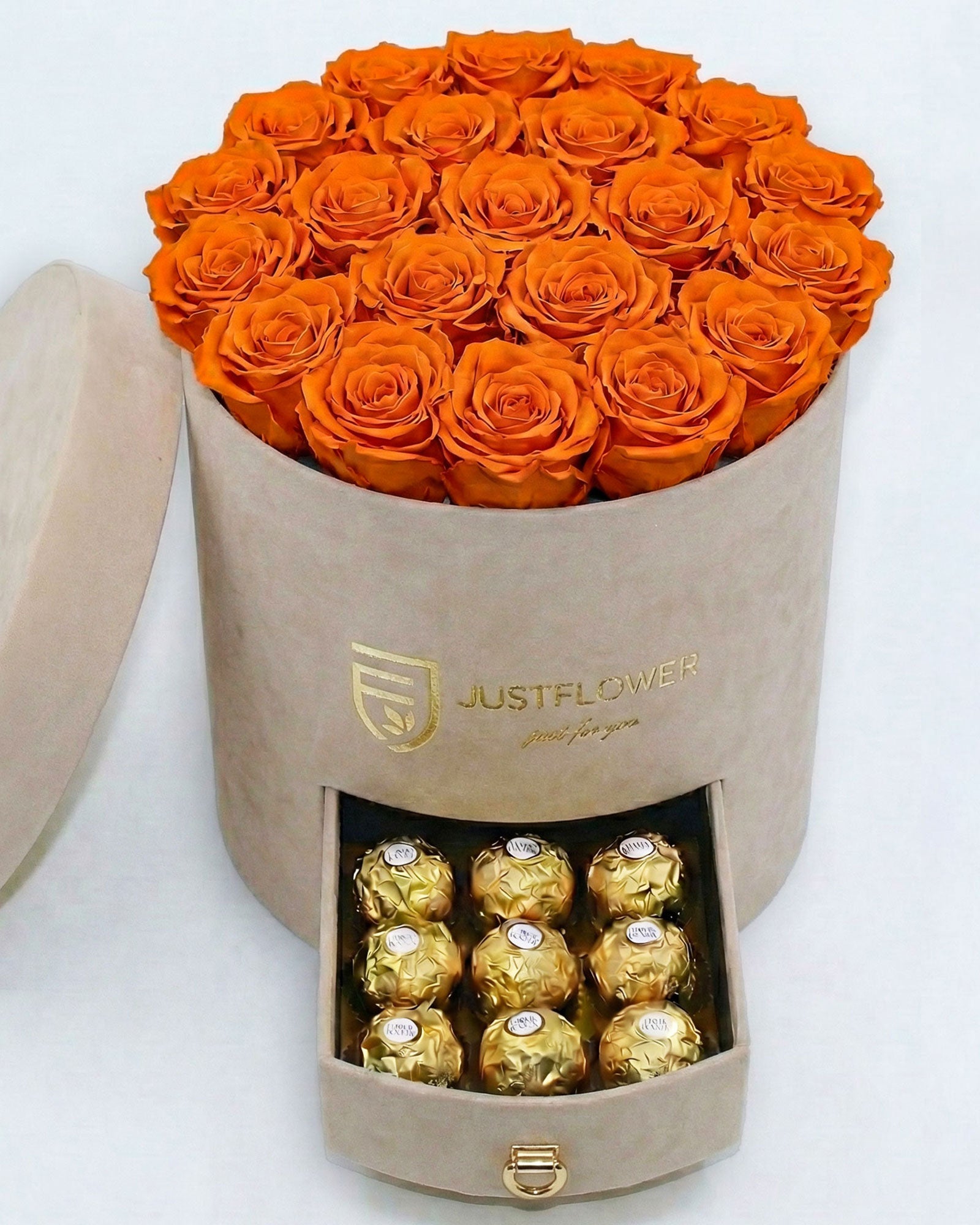 Rosenbox Rund Large Beige Velvet mit orangefarbenen Infinity Rosen und integrierter Schublade – lebendige und auffällige Geschenkidee