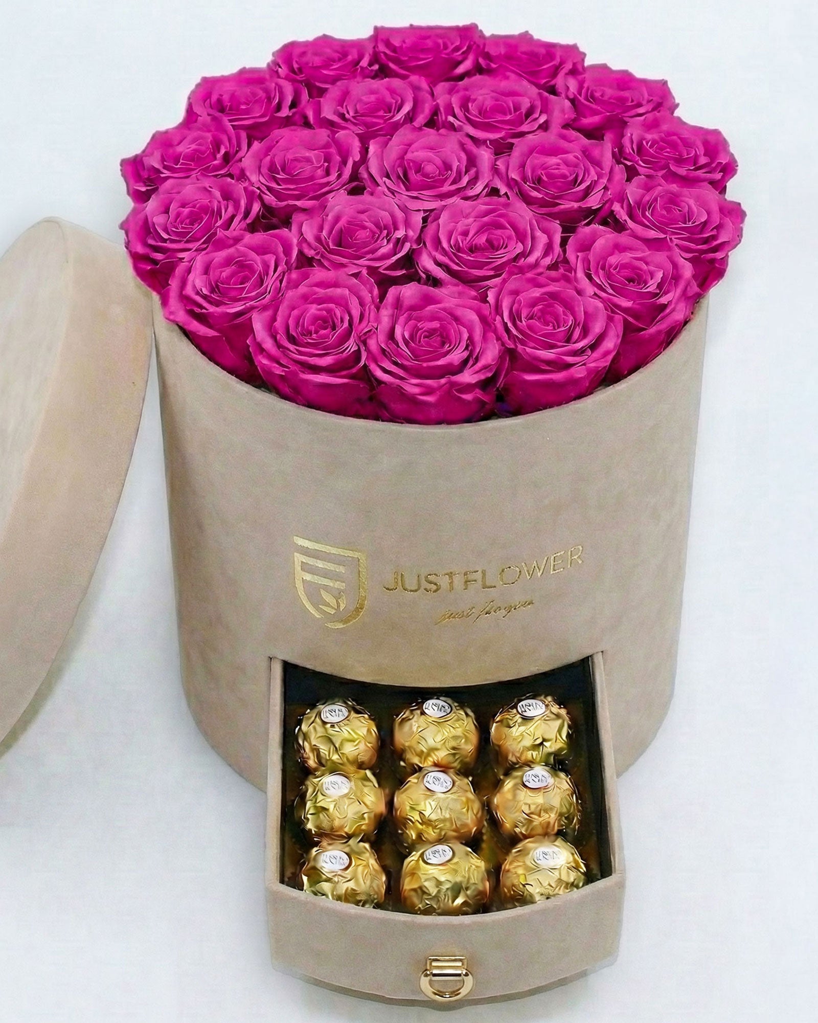 Rosenbox Rund Large Beige Velvet mit rosa Infinity Rosen und Schublade – romantische und elegante Geschenkidee