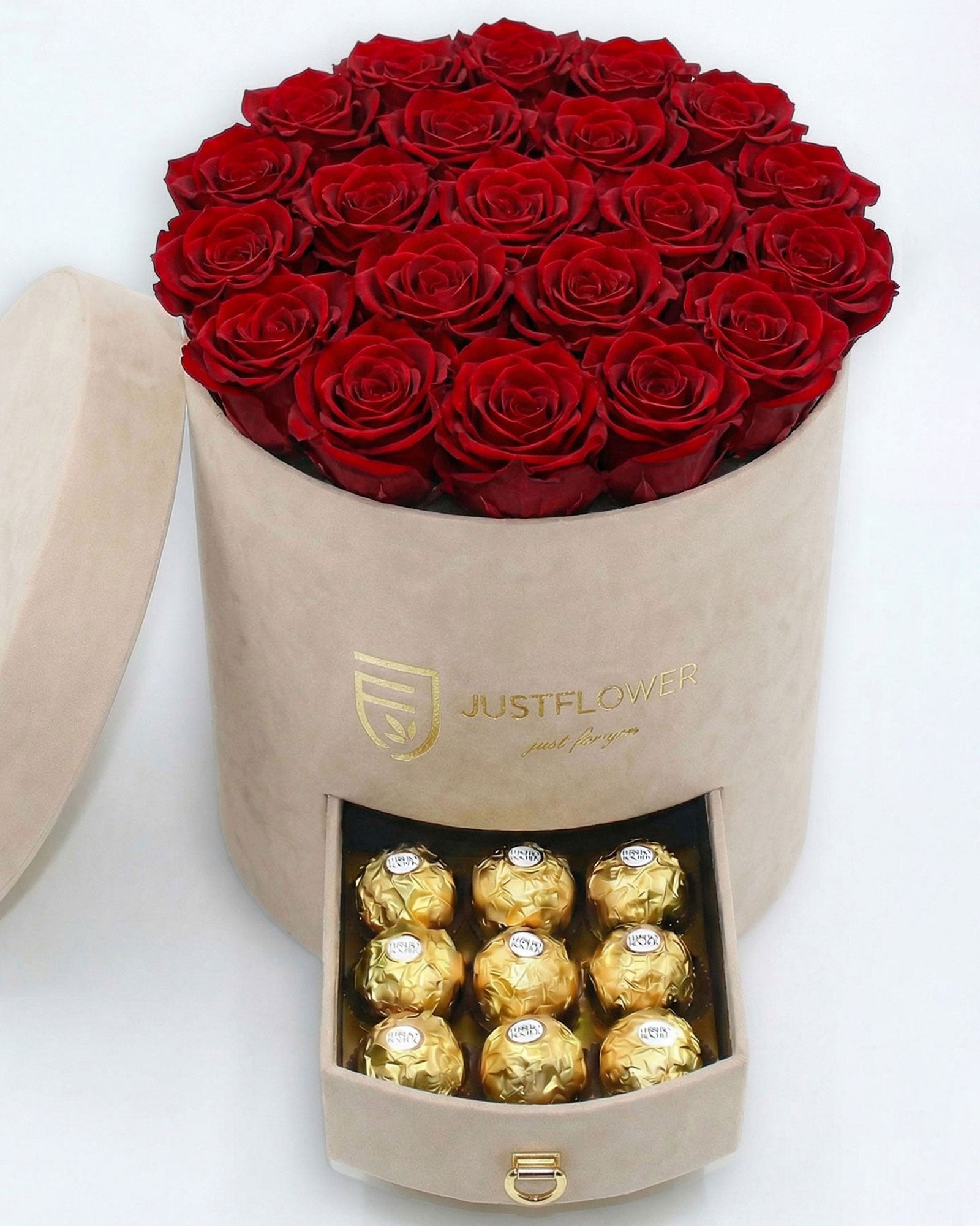 Rosenbox Rund Large Beige Velvet mit roten Infinity Rosen und Schublade – luxuriöse Geschenkidee mit Überraschungsfach