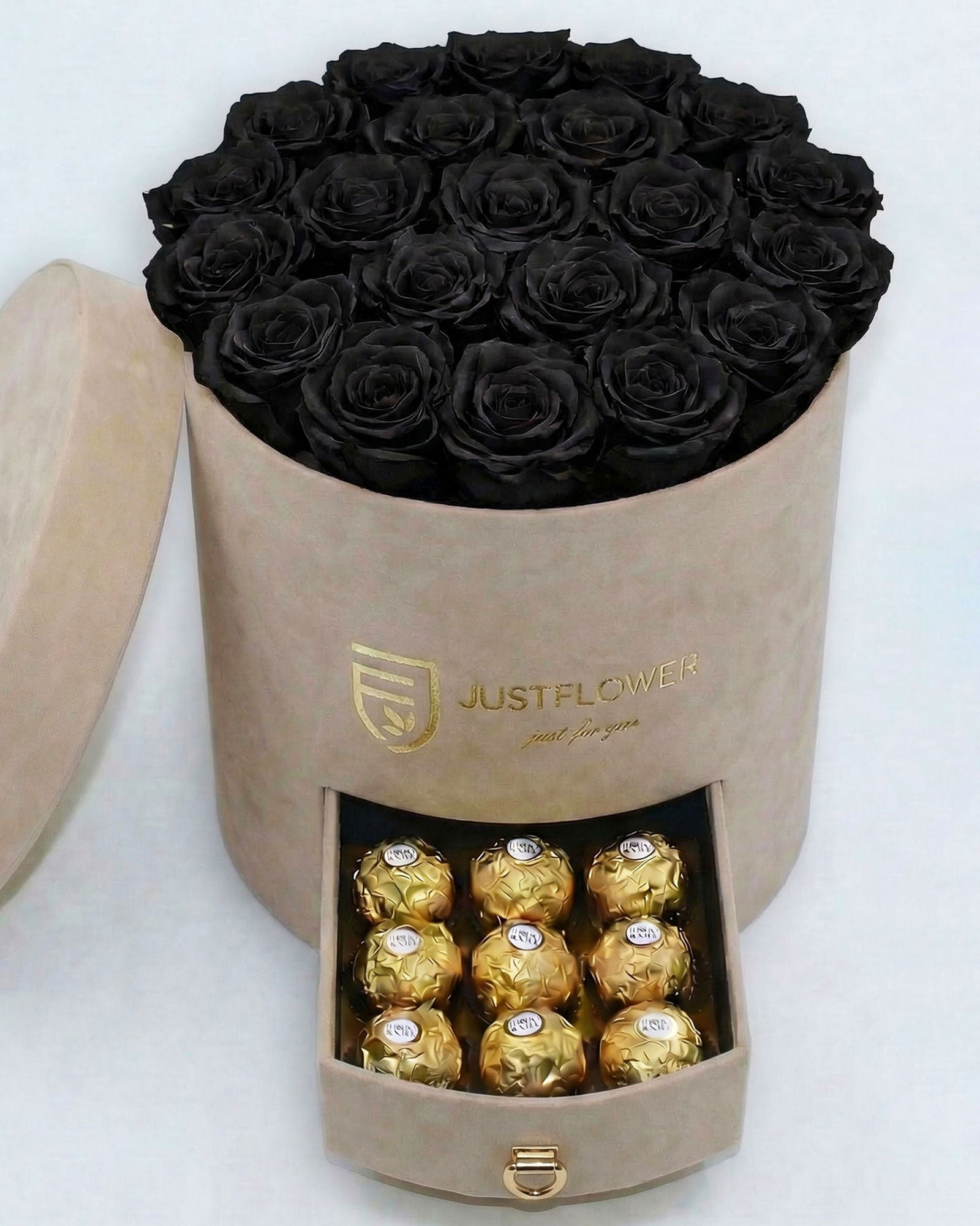 Rosenbox Rund Large Beige Velvet mit schwarzen Infinity Rosen und integrierter Schublade – edles und modernes Design
