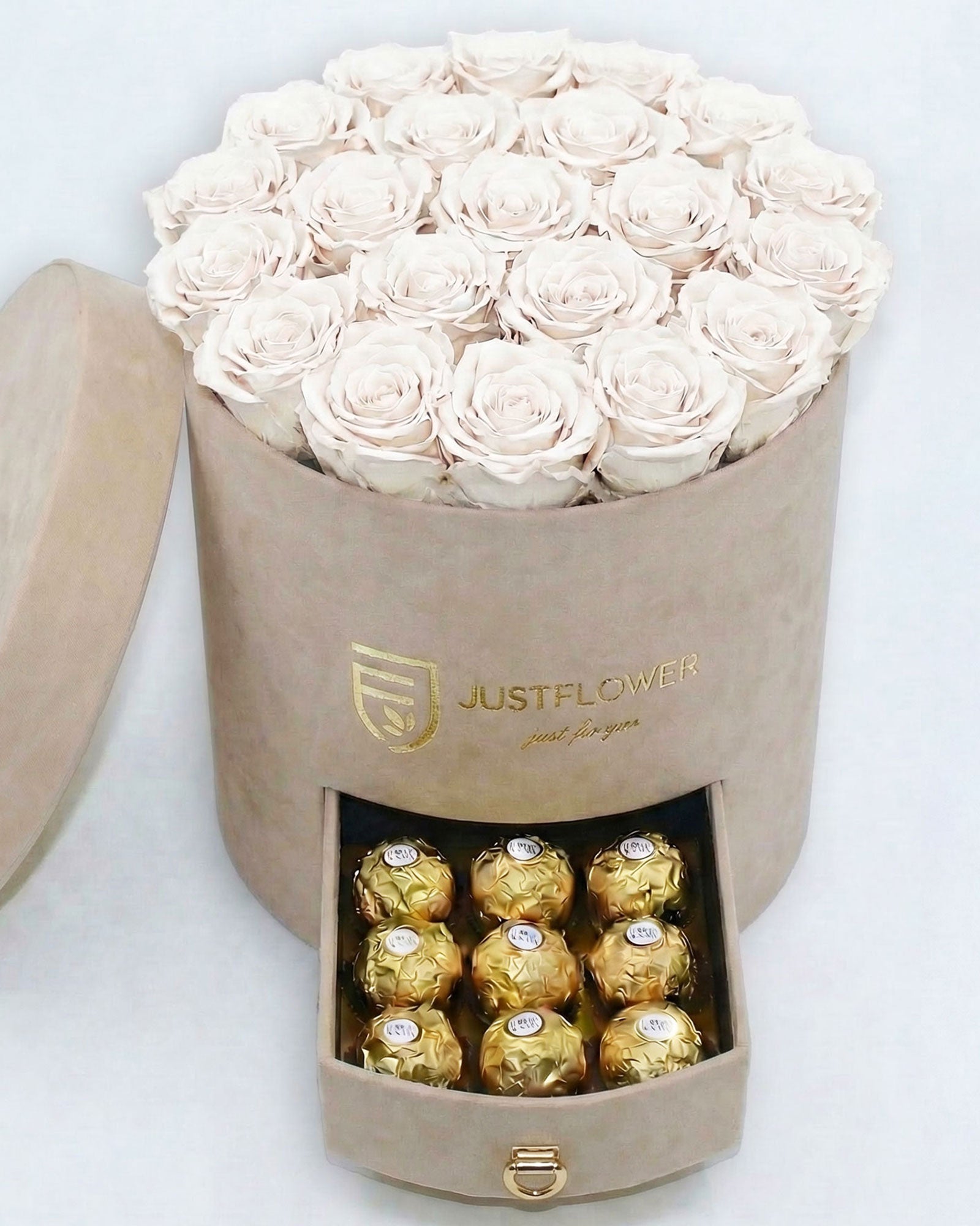Rosenbox Rund Large Beige Velvet mit weissen Infinity Rosen und Schublade – stilvolle und zeitlose Geschenkbox