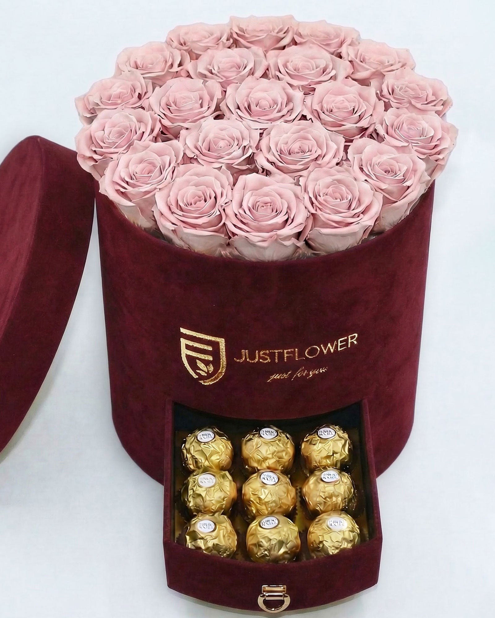 Rosenbox Rund Large Burgund Velvet mit altrosa Infinity Rosen und integrierter Schublade – luxuriöse Rosenbox im modernen Stil