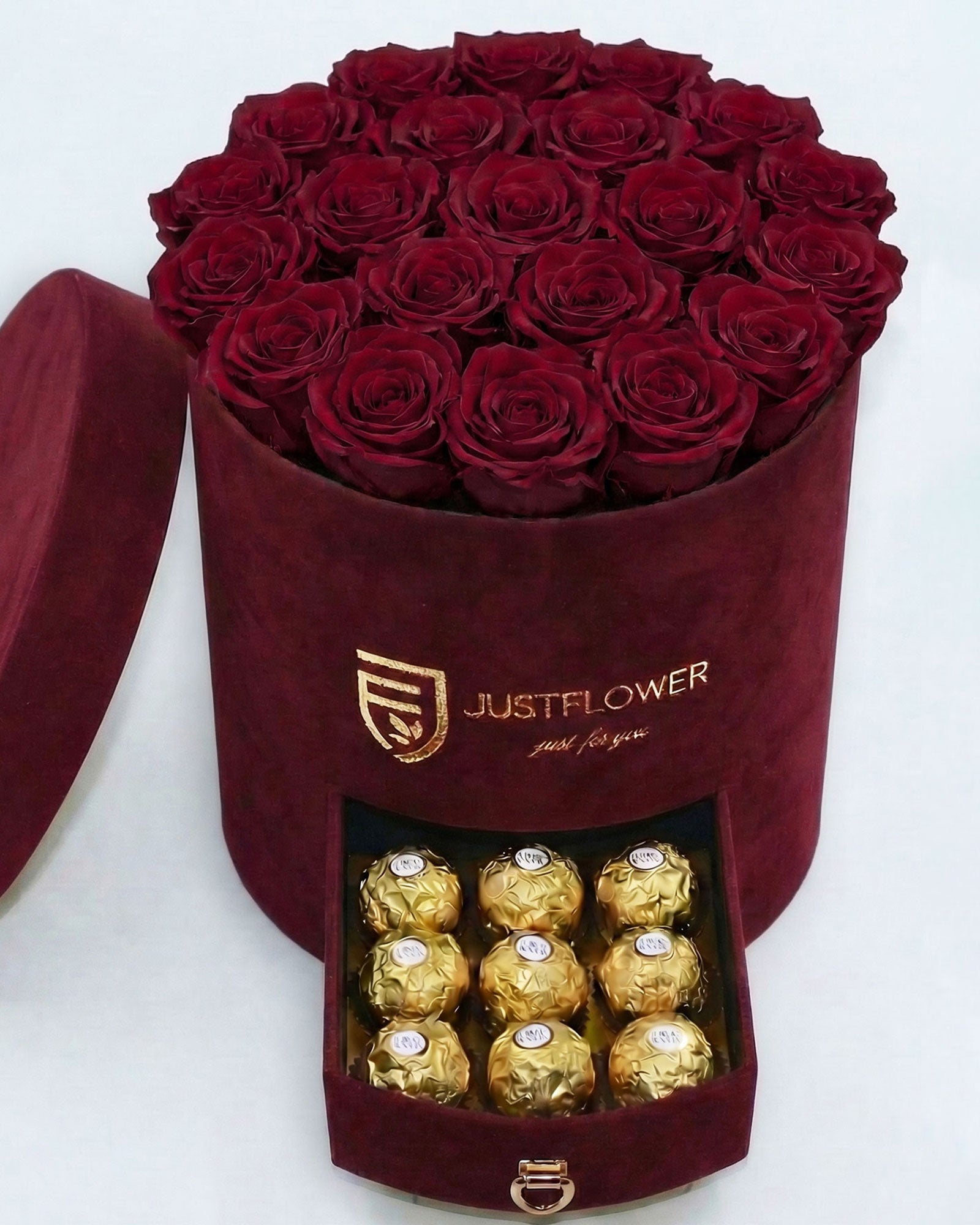 Rosenbox Rund Large in Burgund Velvet mit ca. 16–20 Infinity Rosen in Burgund und integrierter Schublade – elegante Geschenkbox von JustFlower Schweiz