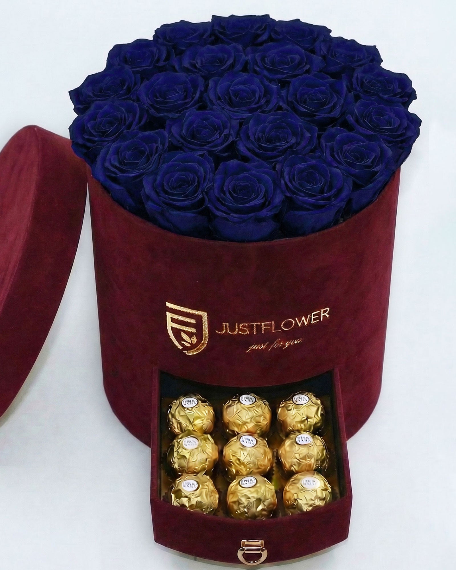 Rosenbox Rund Large Burgund Velvet mit dunkelblauen Infinity Rosen und Schublade – edles und modernes Farbdesign