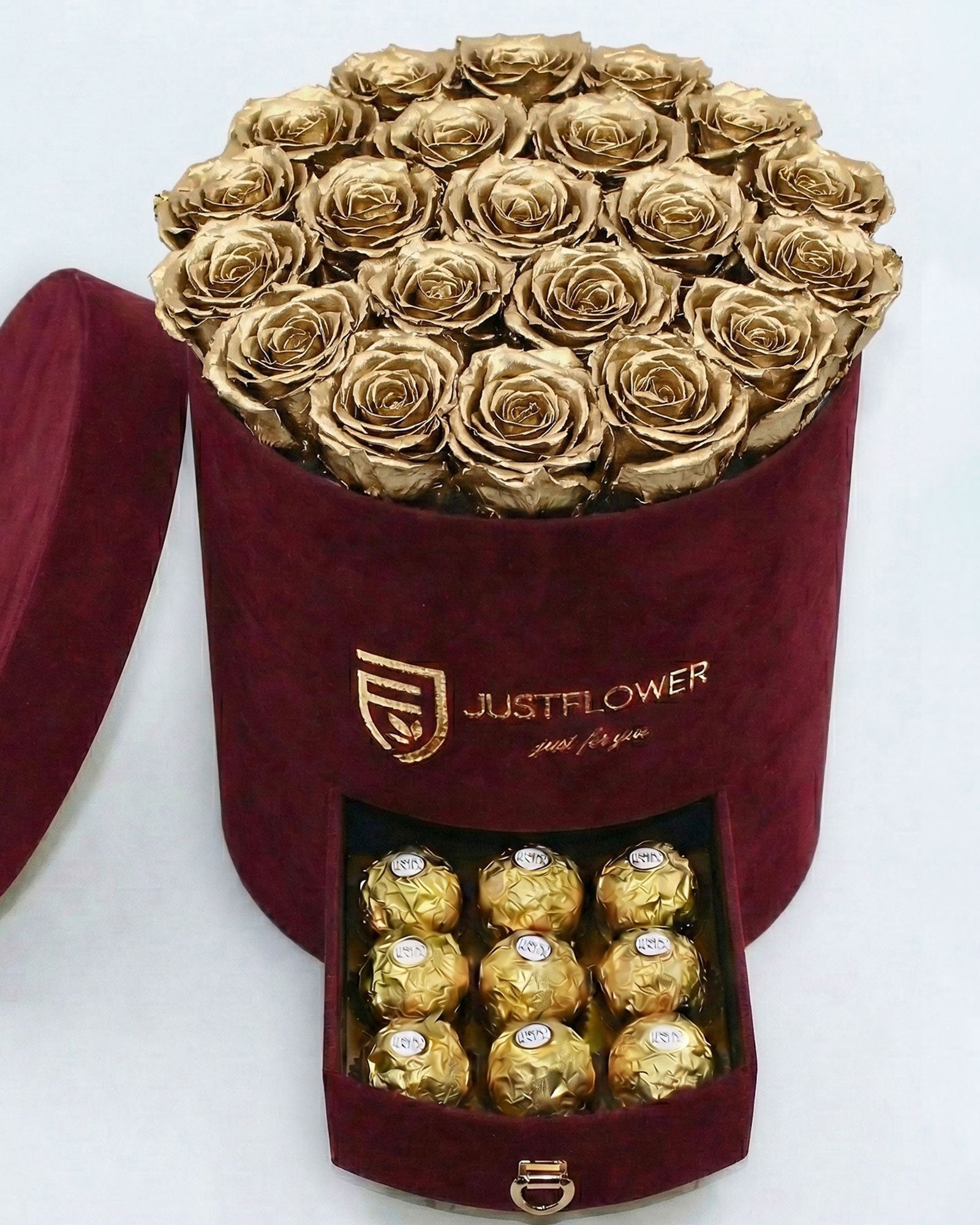 Rosenbox Rund Large Burgund Velvet mit goldenen Infinity Rosen und integrierter Schublade – luxuriöse Rosenbox für exklusive Geschenke