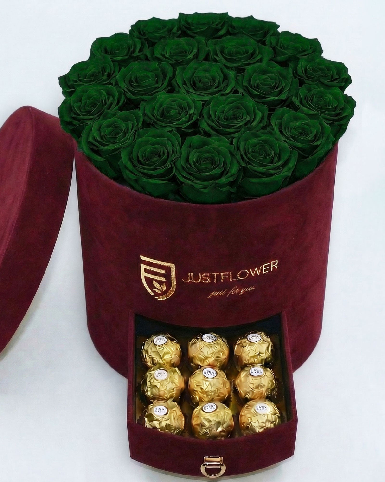 Rosenbox Rund Large Burgund Velvet mit grünen Infinity Rosen und integrierter Schublade – aussergewöhnliche und moderne Rosenbox
