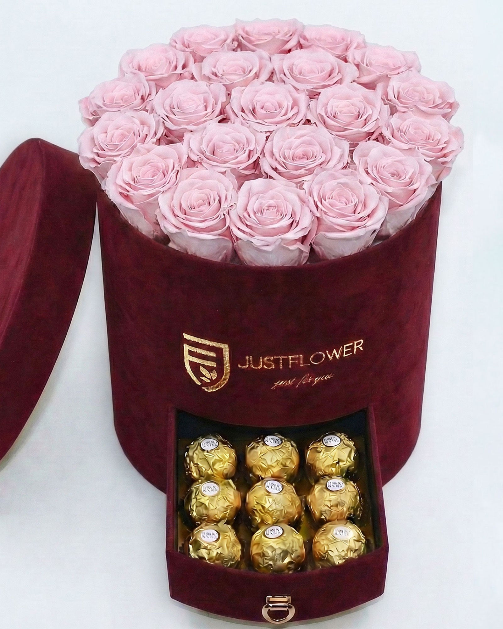 Rosenbox Rund Large Burgund Velvet mit hellrosa Infinity Rosen und Schublade – harmonische Geschenkidee mit Schublade