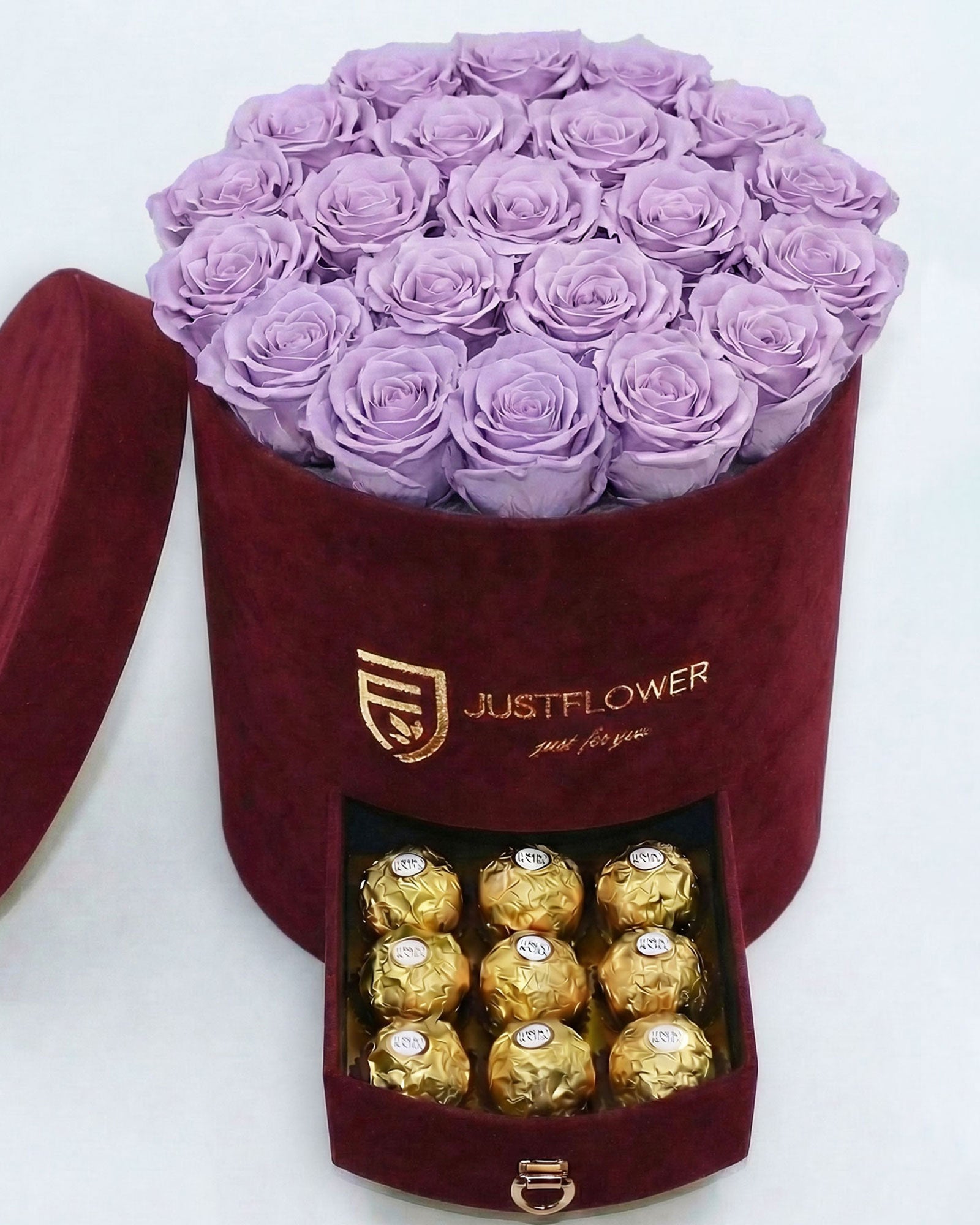 Rosenbox Rund Large Burgund Velvet mit lila Infinity Rosen und Schublade – auffällige und stilvolle Geschenkidee