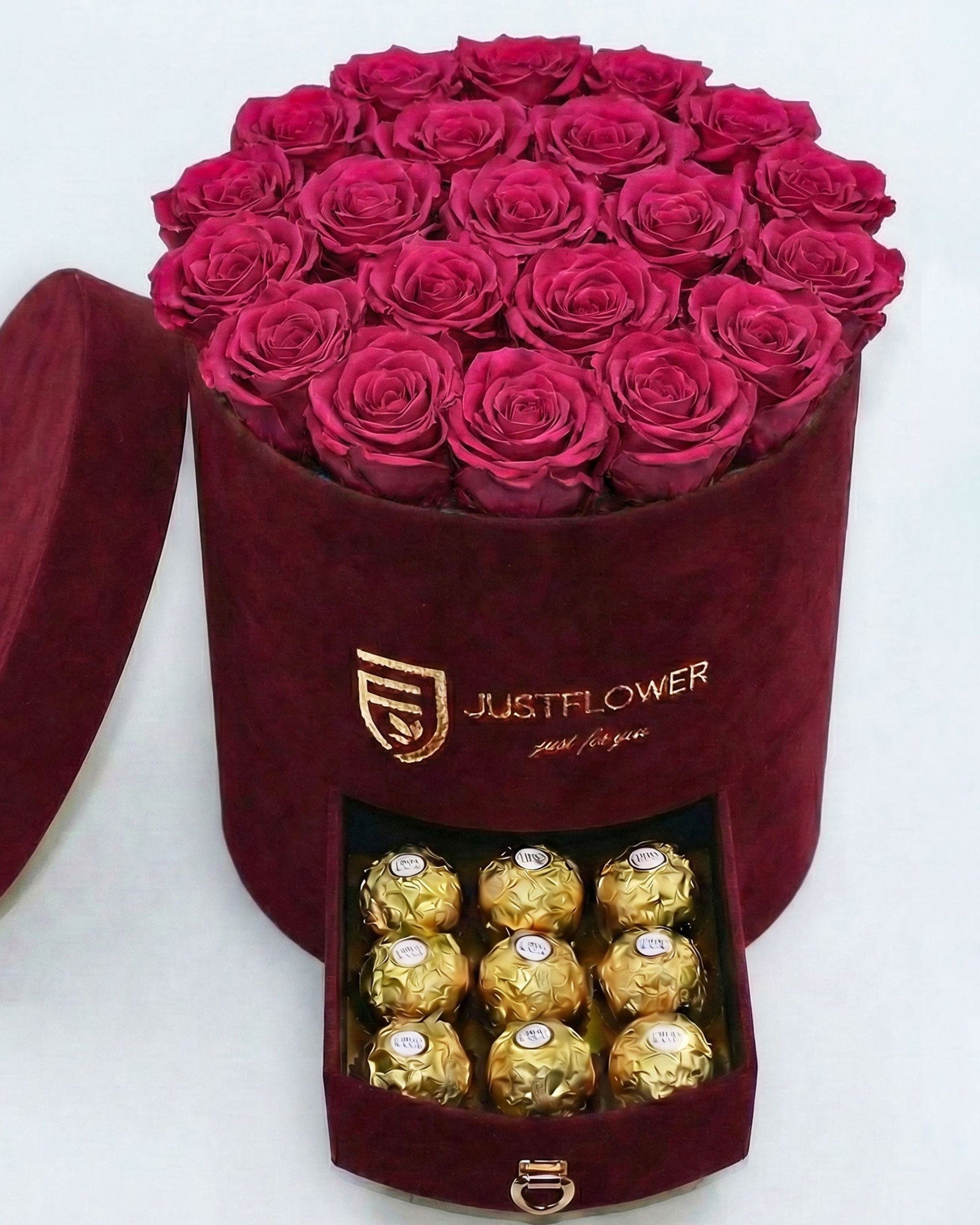 Rosenbox Rund Large Burgund Velvet mit rosa Infinity Rosen und integrierter Schublade – romantische und elegante Blumenbox