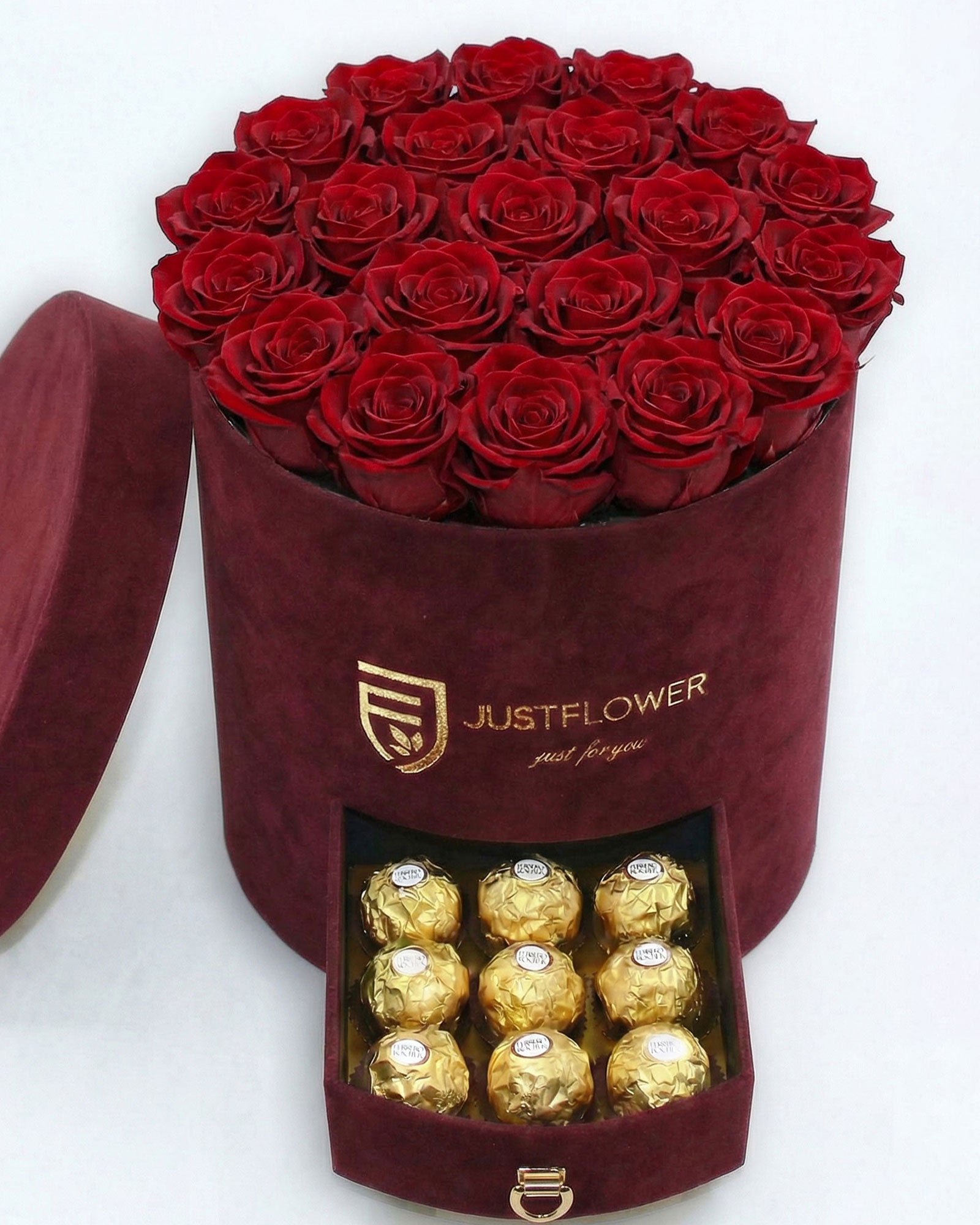 Rosenbox Rund Large Burgund Velvet mit roten Infinity Rosen und Schublade – romantische und luxuriöse Geschenkidee