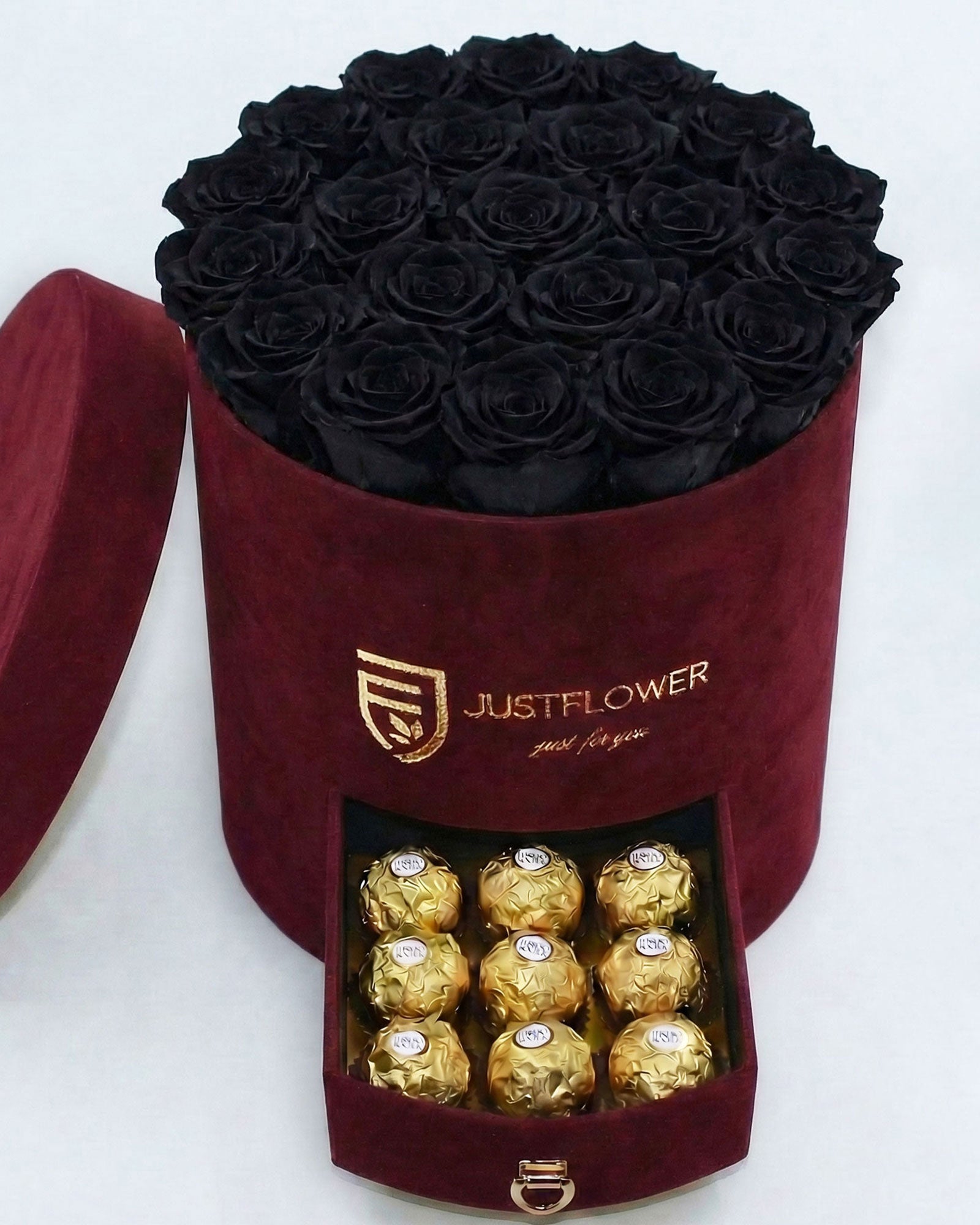 Rosenbox Rund Large Burgund Velvet mit schwarzen Infinity Rosen und integrierter Schublade – edles und modernes Design