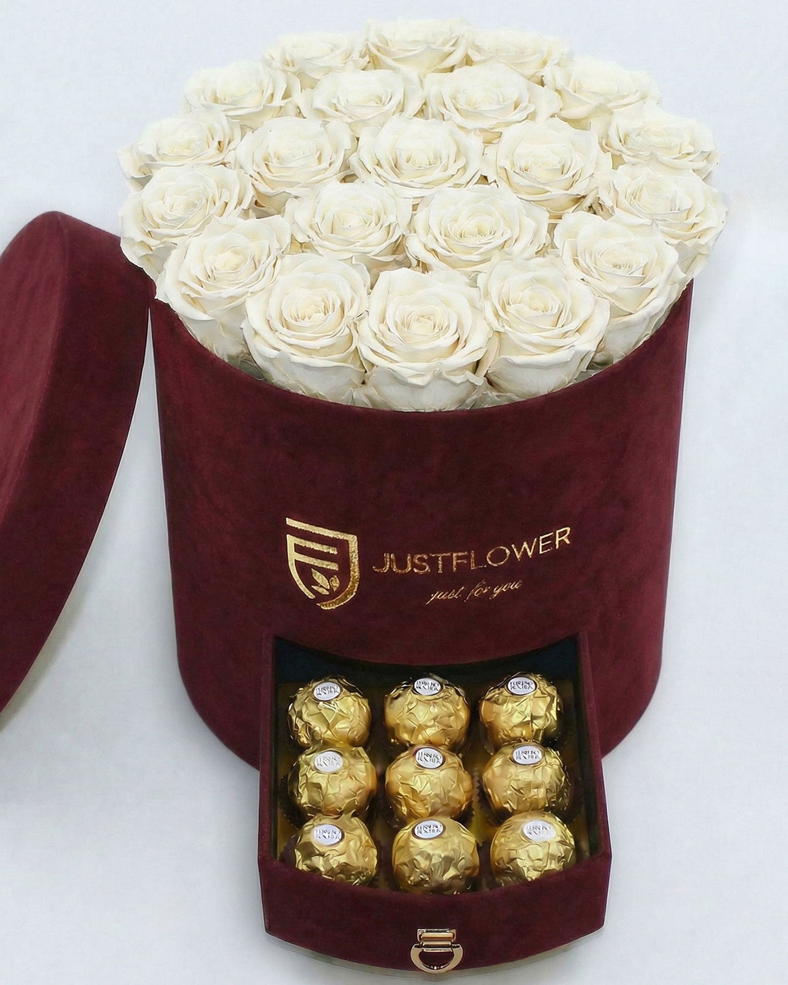 Rosenbox Rund Large Burgund Velvet mit weissen Infinity Rosen und Schublade – stilvolle und elegante Rosenbox