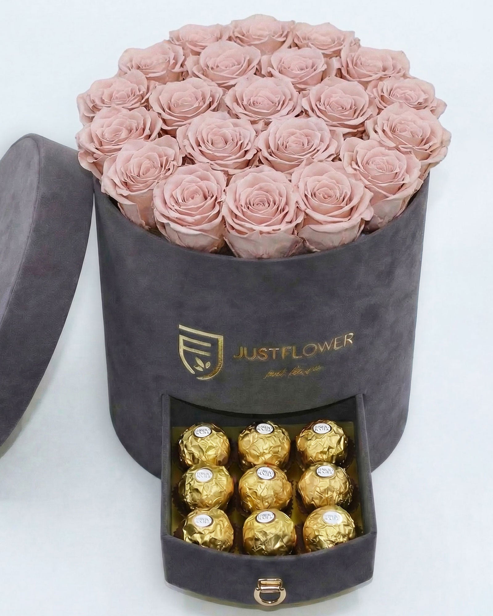 Rosenbox Rund Large Grau Velvet mit altrosa Infinity Rosen und integrierter Schublade – moderne Rosenbox mit edler Farbkombination
