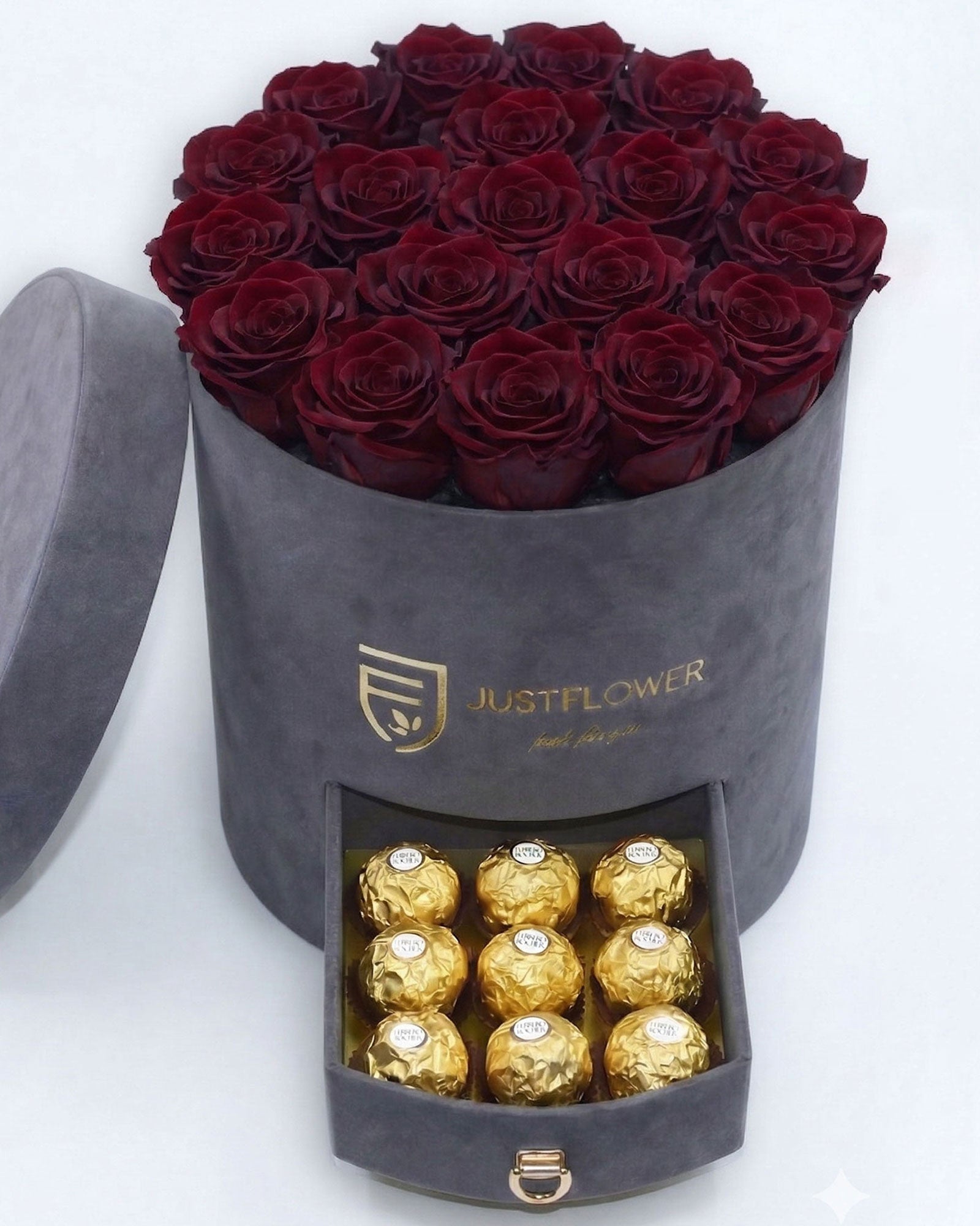 Rosenbox Rund Large in Grau Velvet mit ca. 16–20 Burgund Infinity Rosen und integrierter Schublade – stilvolle Geschenkbox von JustFlower Schweiz