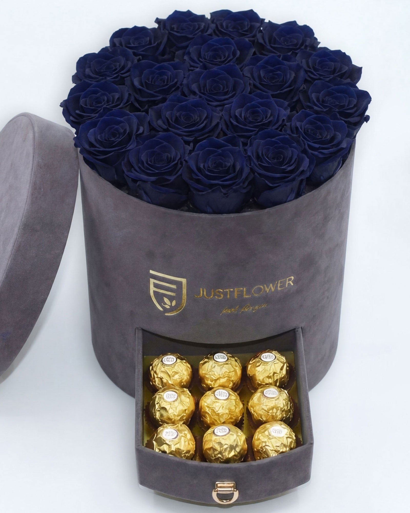 Rosenbox Rund Large Grau Velvet mit dunkelblauen Infinity Rosen und Schublade – edles und hochwertiges Design
