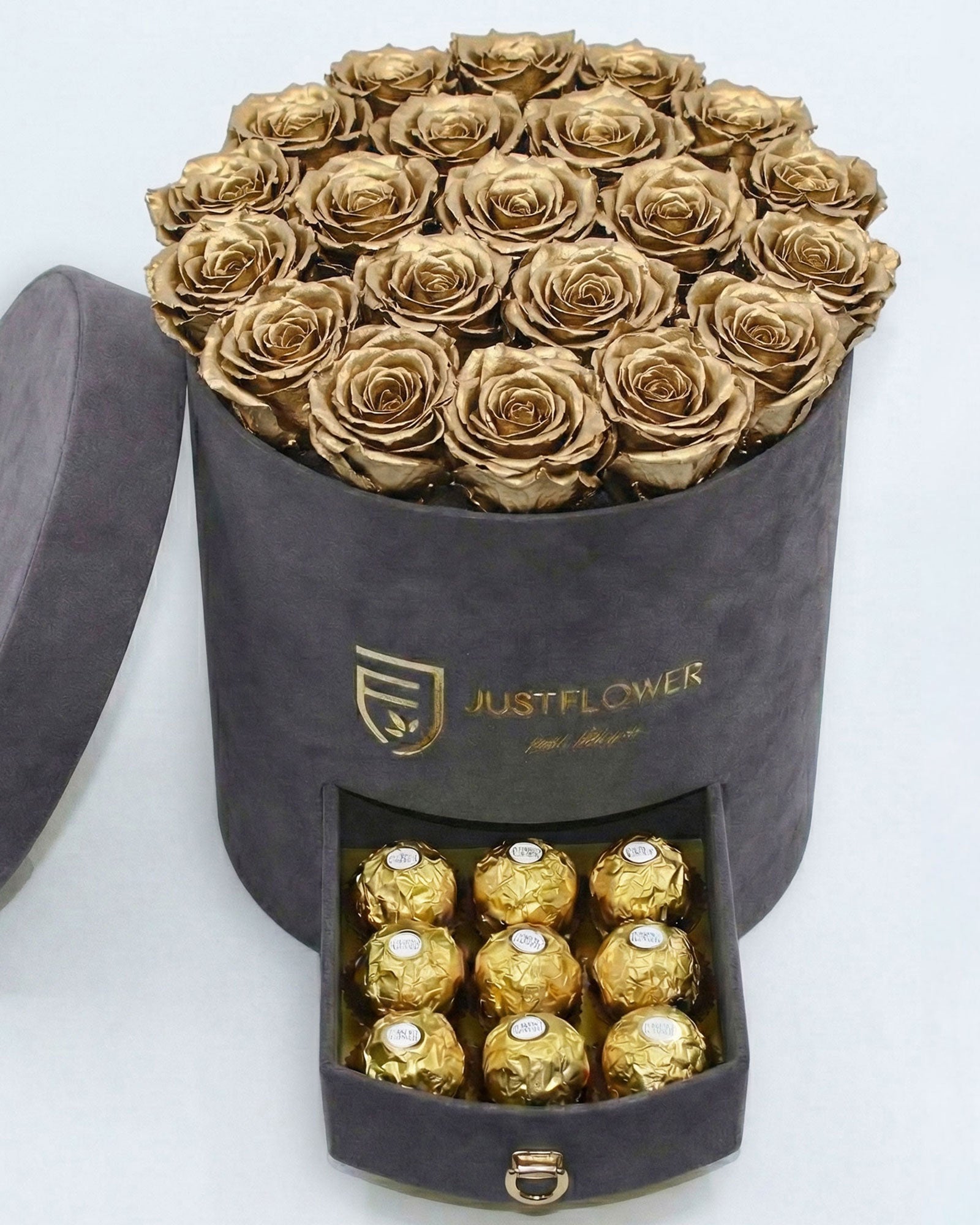 Rosenbox Rund Large Grau Velvet mit goldenen Infinity Rosen und integrierter Schublade – luxuriöse Rosenbox für exklusive Geschenke